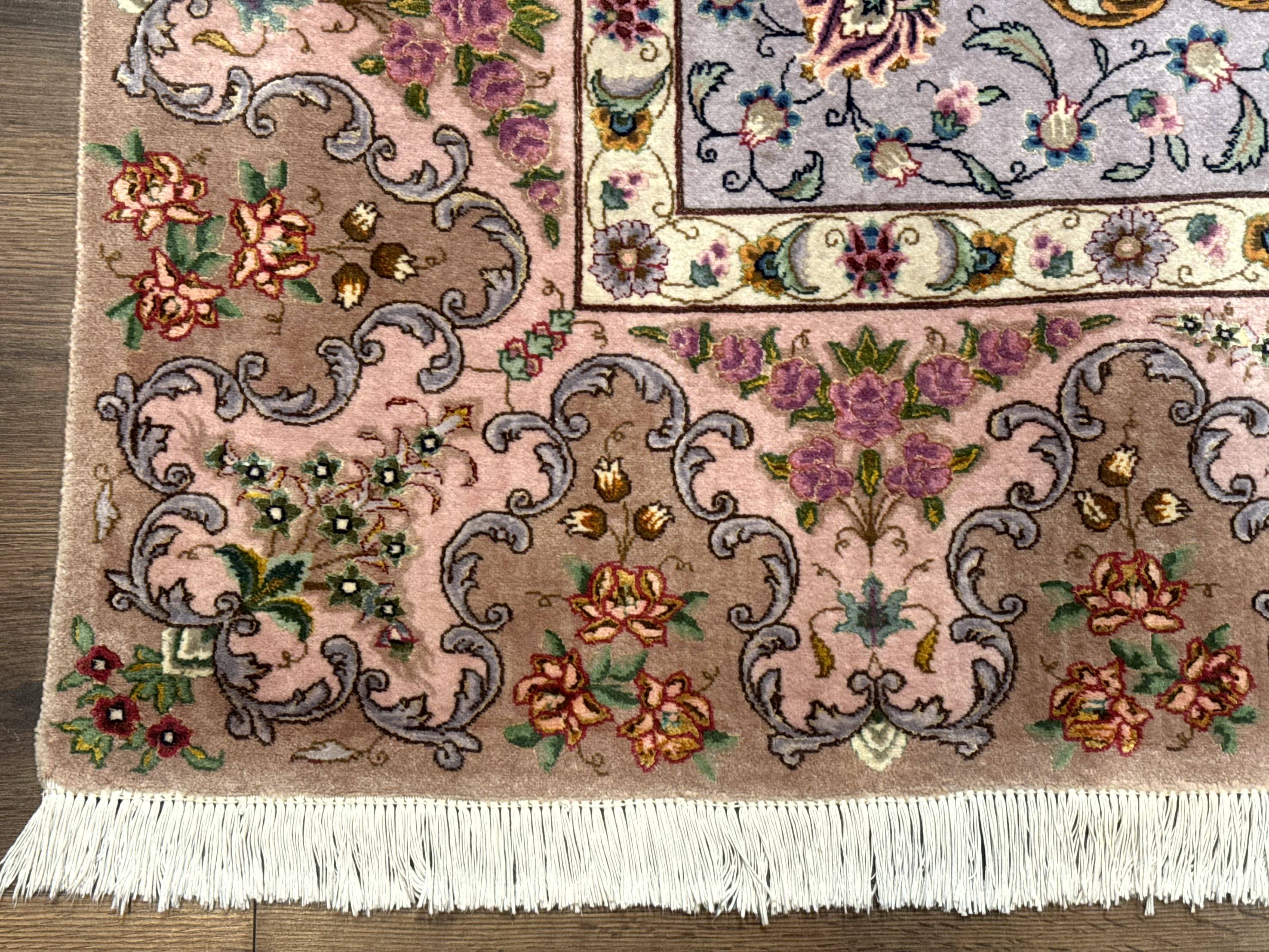 Wonderful Persian Tabriz Rug 7x10, Very Fine 330 KPSI, Light Green Light Blue Pink, Kork Wool Silk Foundation, Bird Pictorials - Jewel Rugs