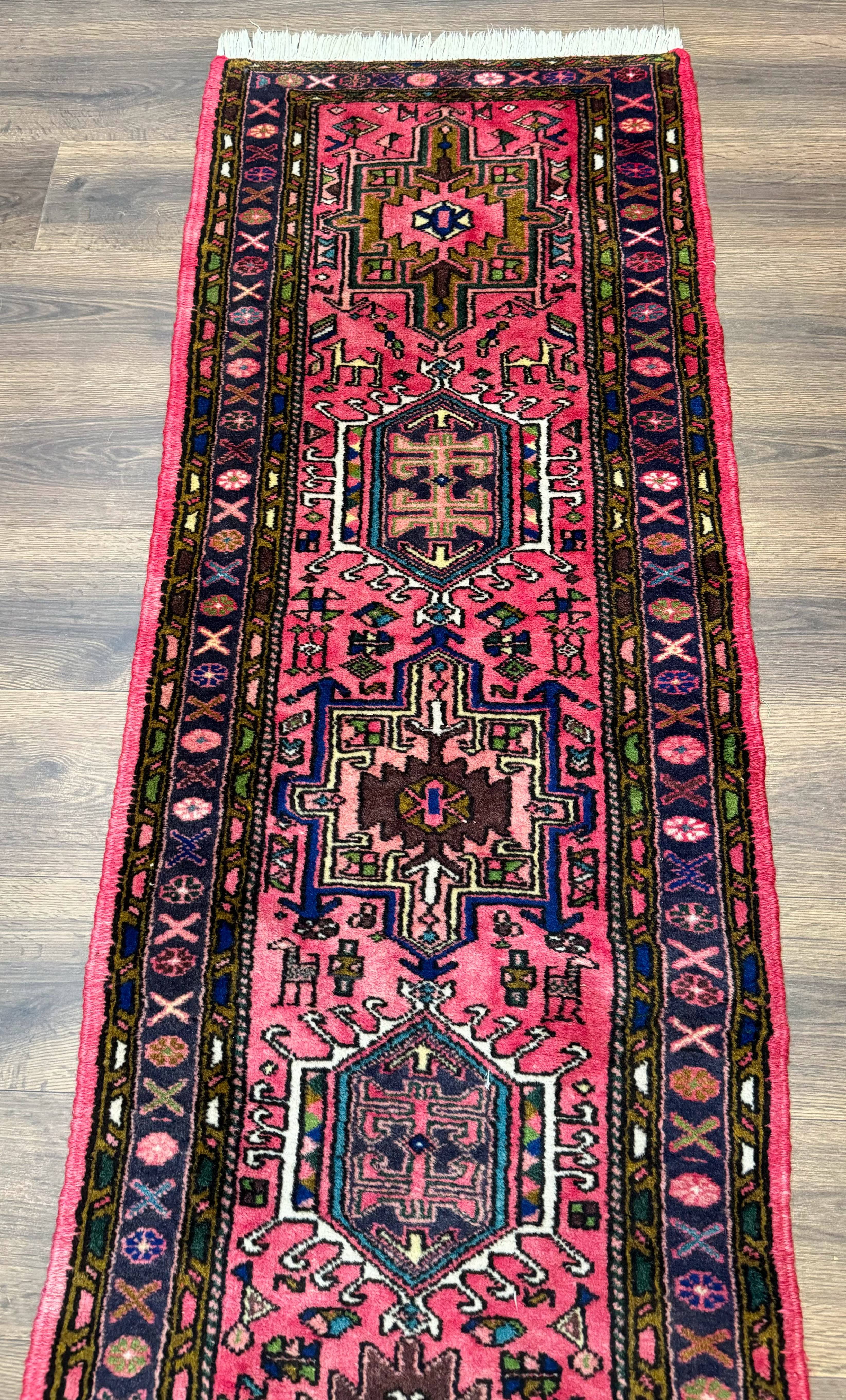 Vintage Persian Karajeh Runner Rug 2 x 9.8, Pink and Navy, Geometric Design - Jewel Rugs