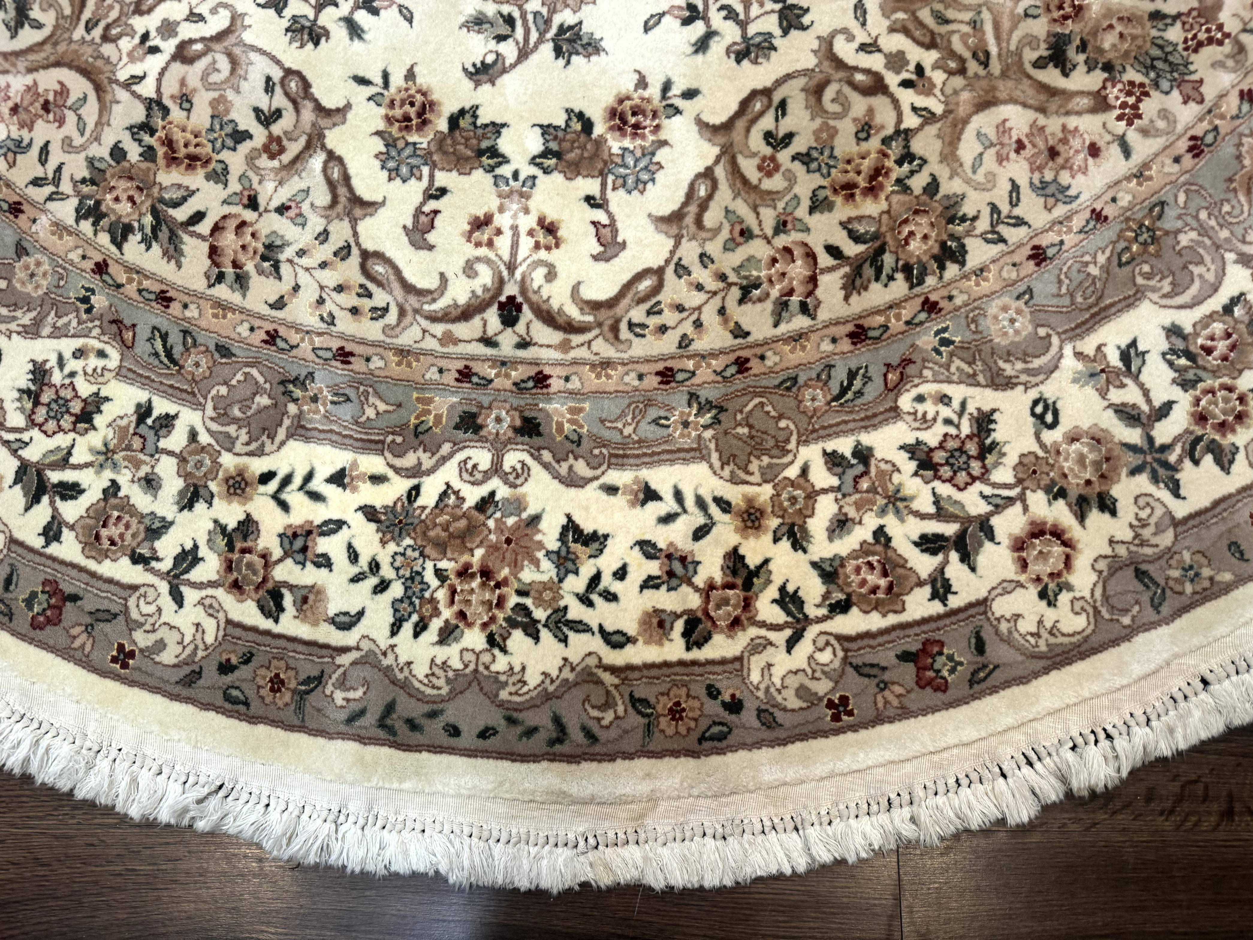 Round Sino Persian Rug 8x8 ft, Wool and Silk, Fine 200 KPSI, Ivory - Jewel Rugs
