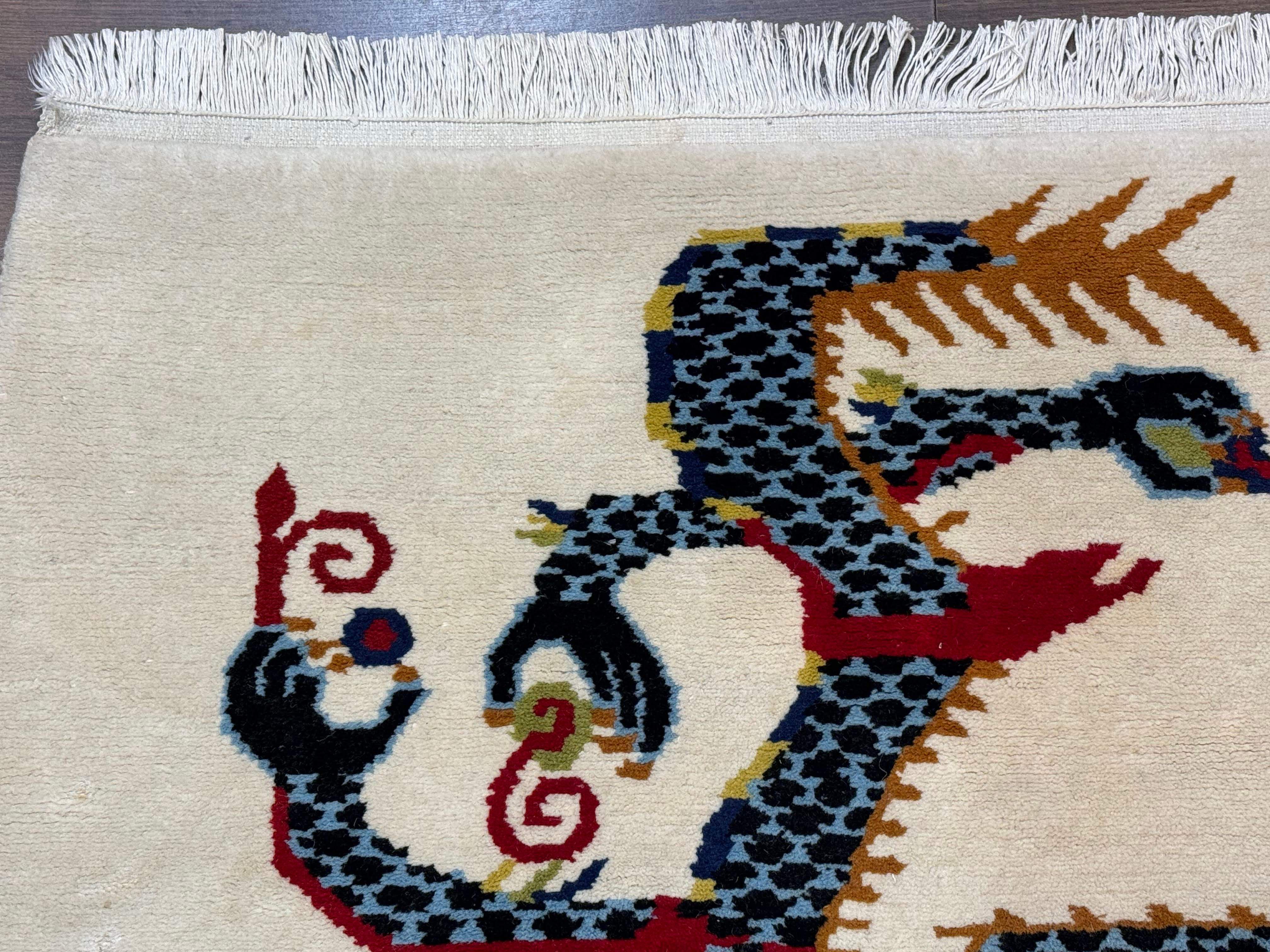 Chinese Double Dragon Rug 3x5 – Ivory, Hand-Knotted Wool Vintage - Jewel Rugs