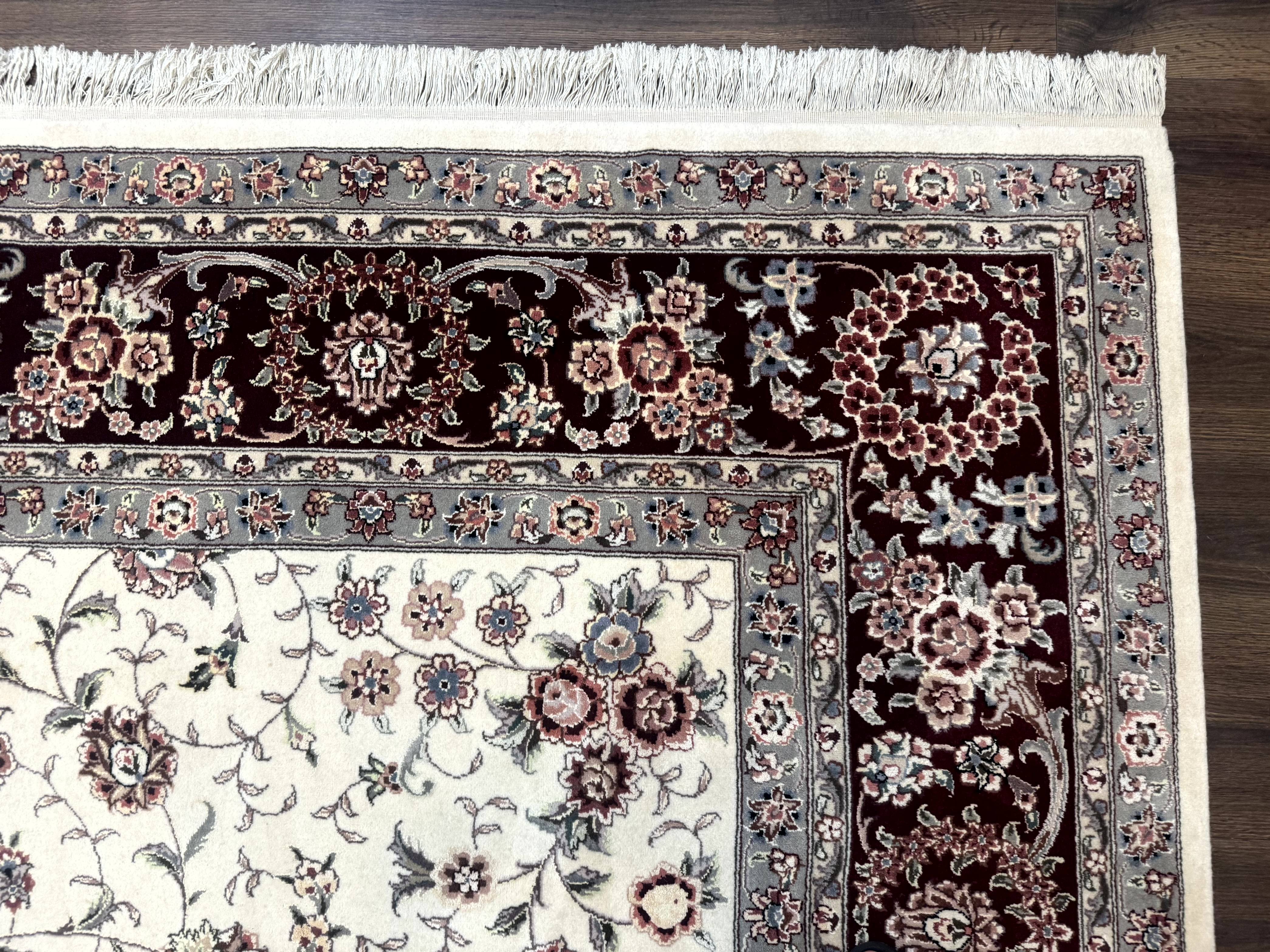 Sino Persian Rug 9x12, Floral Allover Design, 170 KPSI, Ivory and Dark Maroon - Jewel Rugs