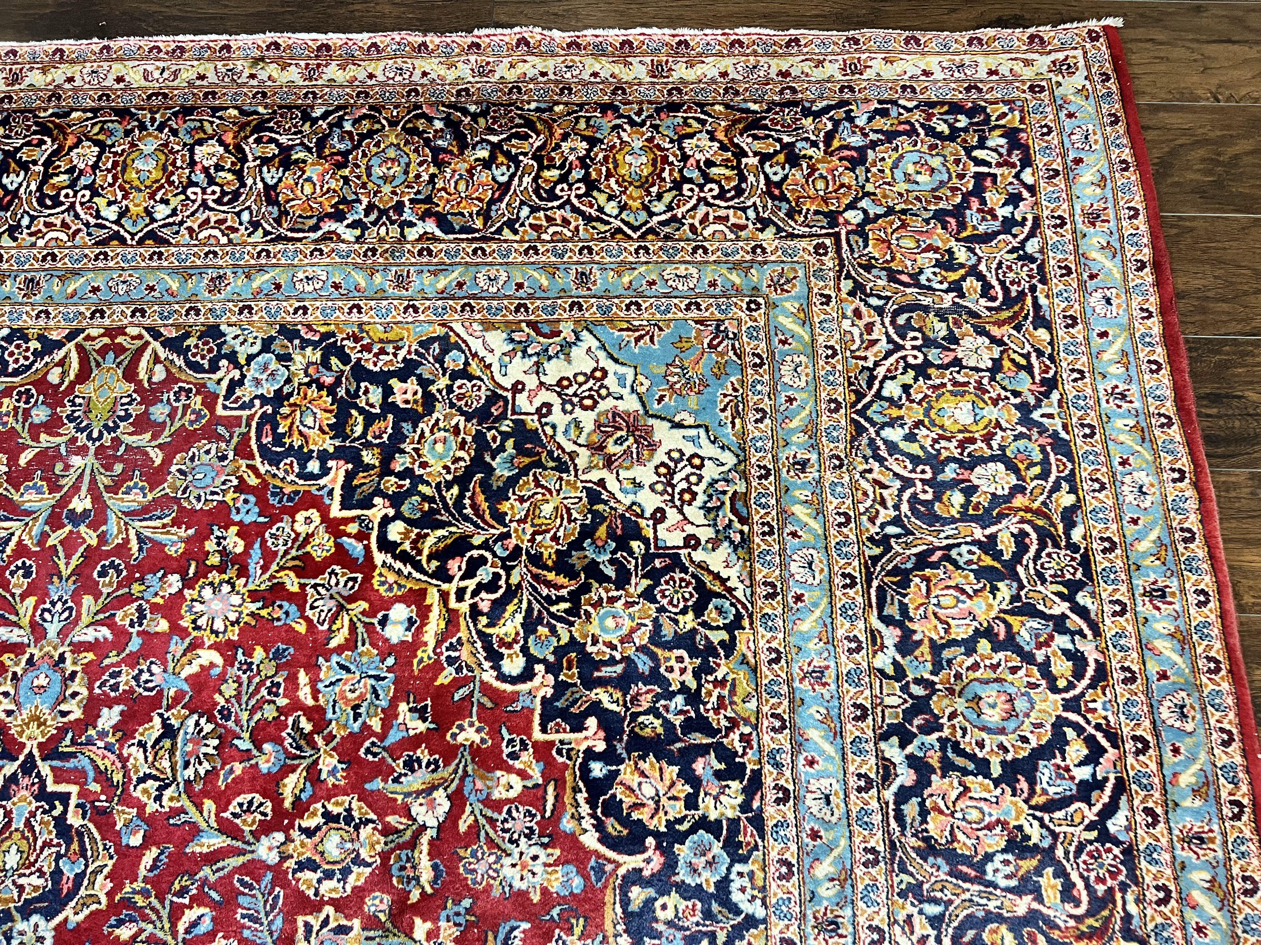 Persian Kashan Rug 10x14, Wool Hand Knotted Vintage Carpet, Red & Navy Blue Floral Allover Rug, Traditional Oriental Rug 10 x 14, Semi Antique - Jewel Rugs