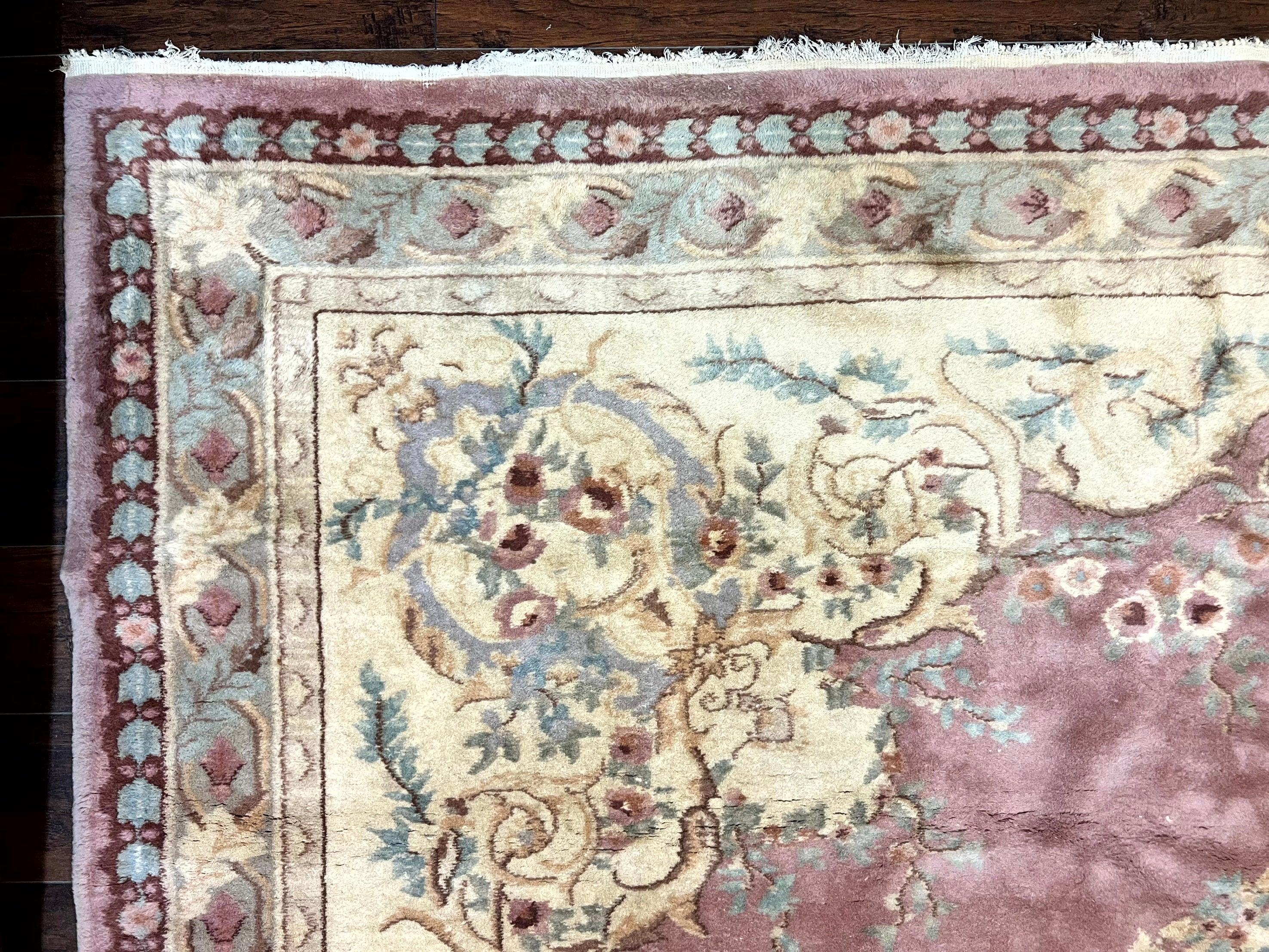 Indo Chinese Aubusson Wool Rug 10x14, Pink and Cream, Handmade Vintage Wool Carpet, Elegant European Design - Jewel Rugs
