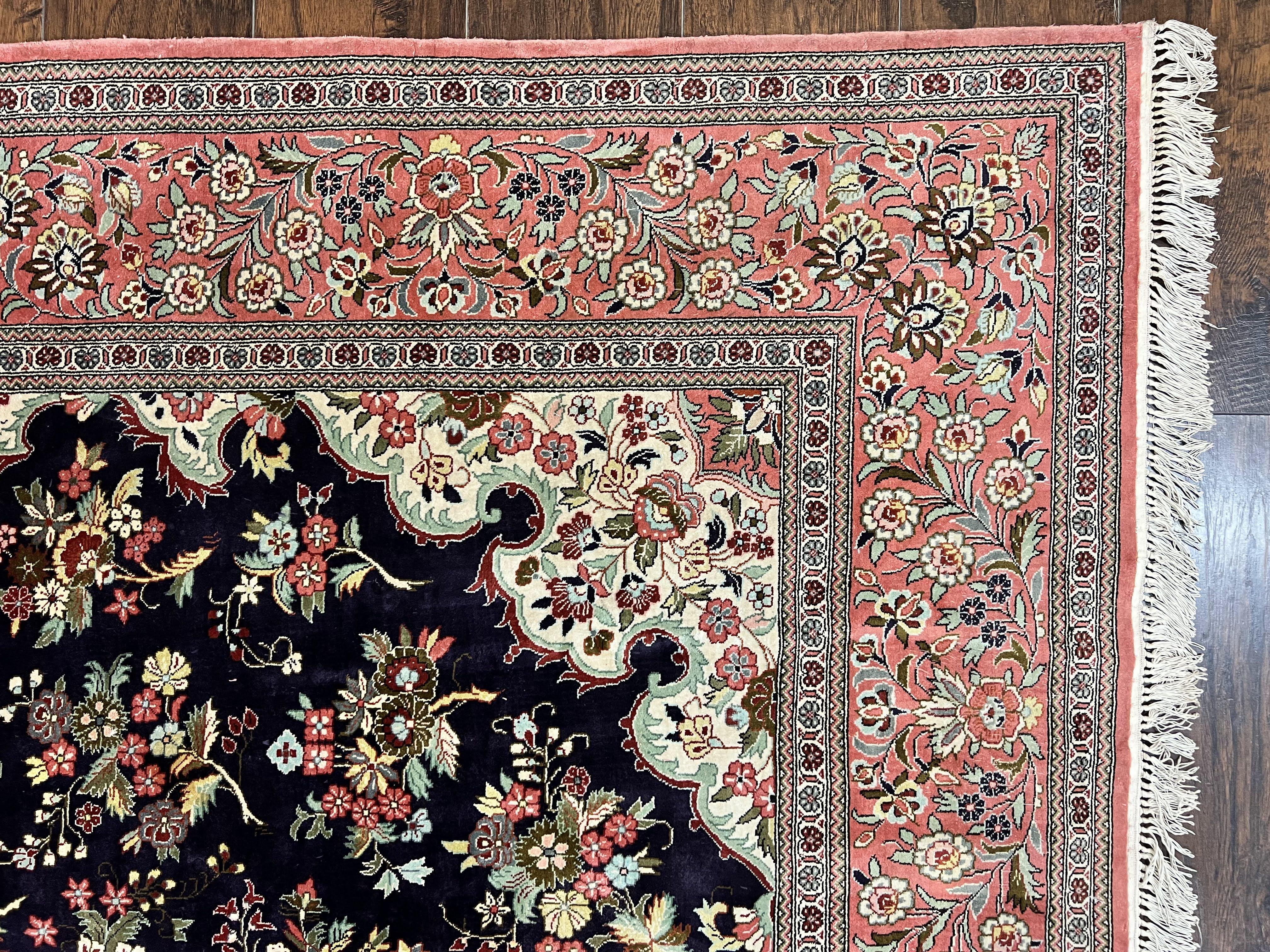 Stunning Silk Persian Qum Rug 7x9, Finely Hand Knotted Navy Blue & Salmon Floral Medallion Authentic Oriental Carpet, Vintage Handmade Silk Ghom Rug, Silk on Silk - Jewel Rugs
