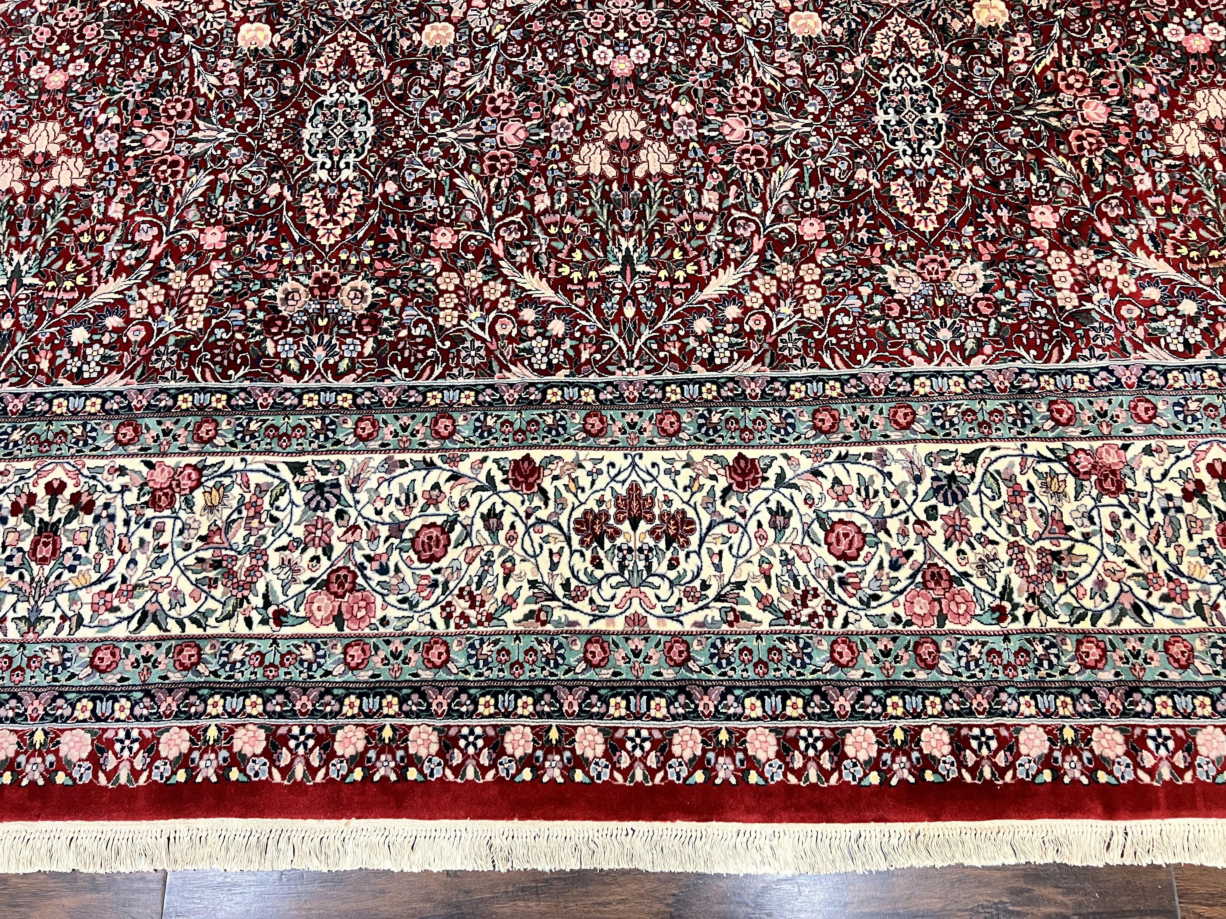 Pak Persian Rug 11x15, Wool & Silk Highlights Hand Knotted Vintage Carpet, Red Cream, Floral Allover, Oversized Kirman Rug - Jewel Rugs