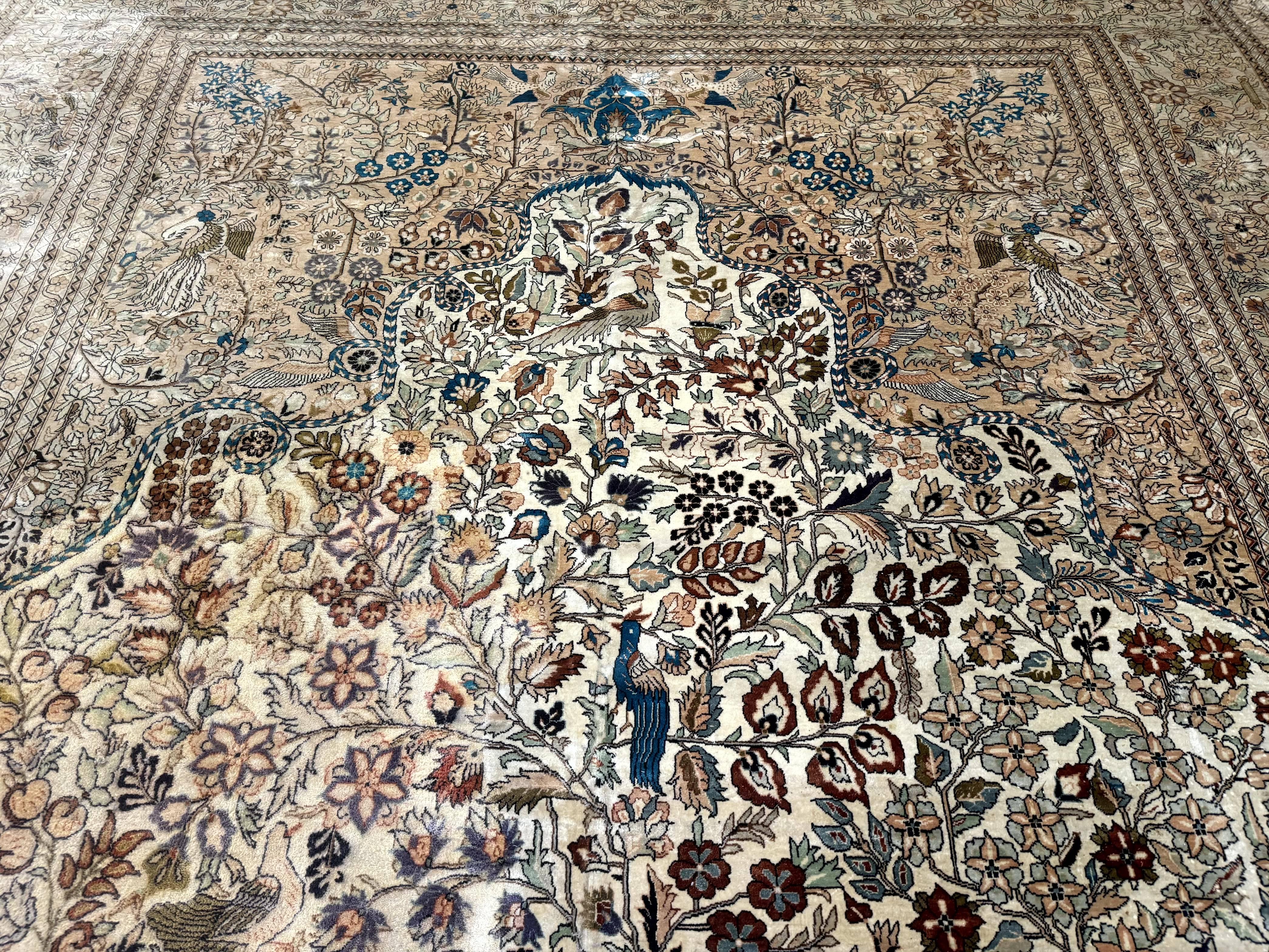 Indian Kashmiri Rug 9x14 Tree of Life Silk on Silk Animal Pictorials - Jewel Rugs