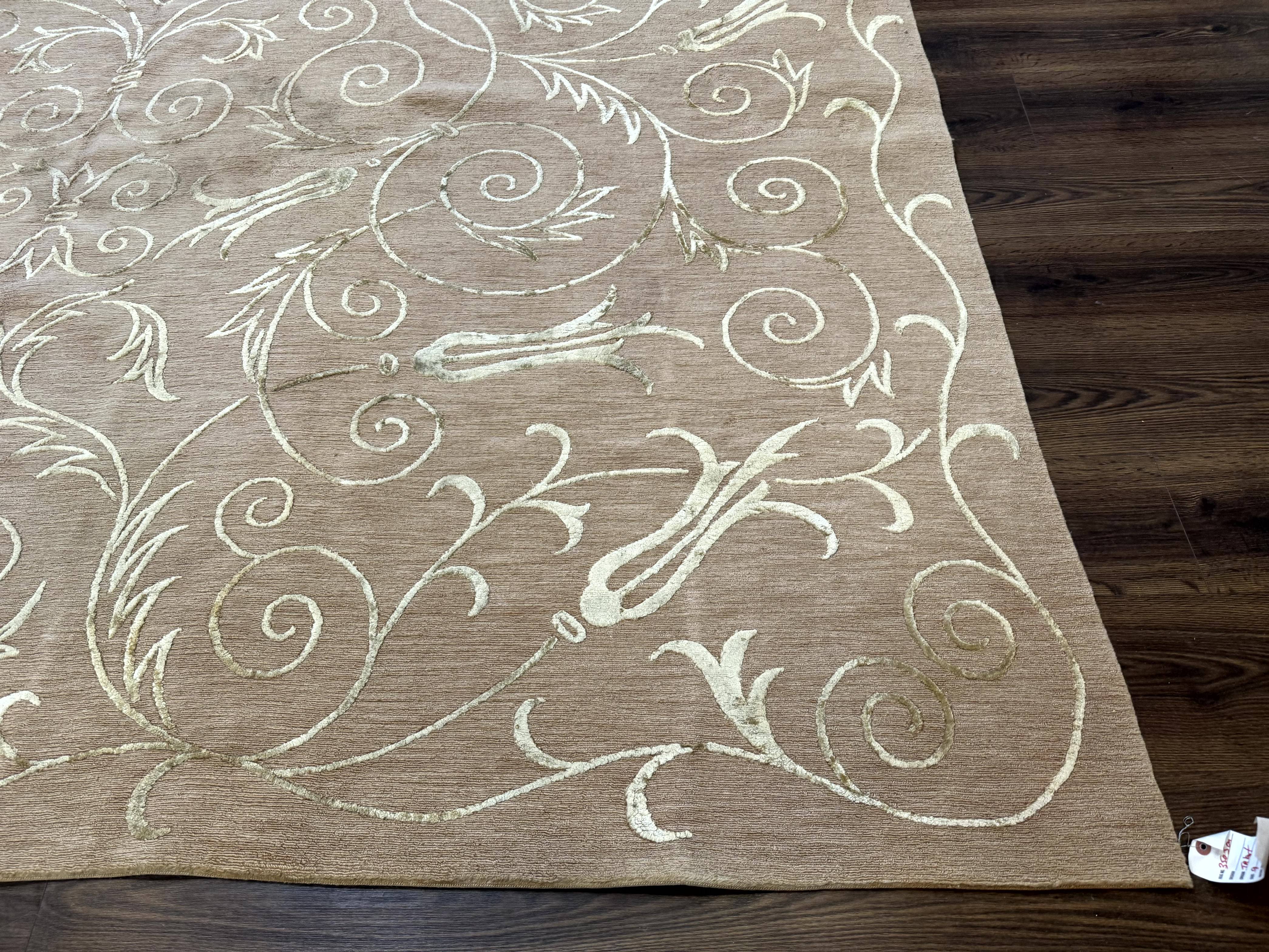 Tibetan Rug 9x12 Wool and Silk Beige Modern Handmade Carpet - Jewel Rugs