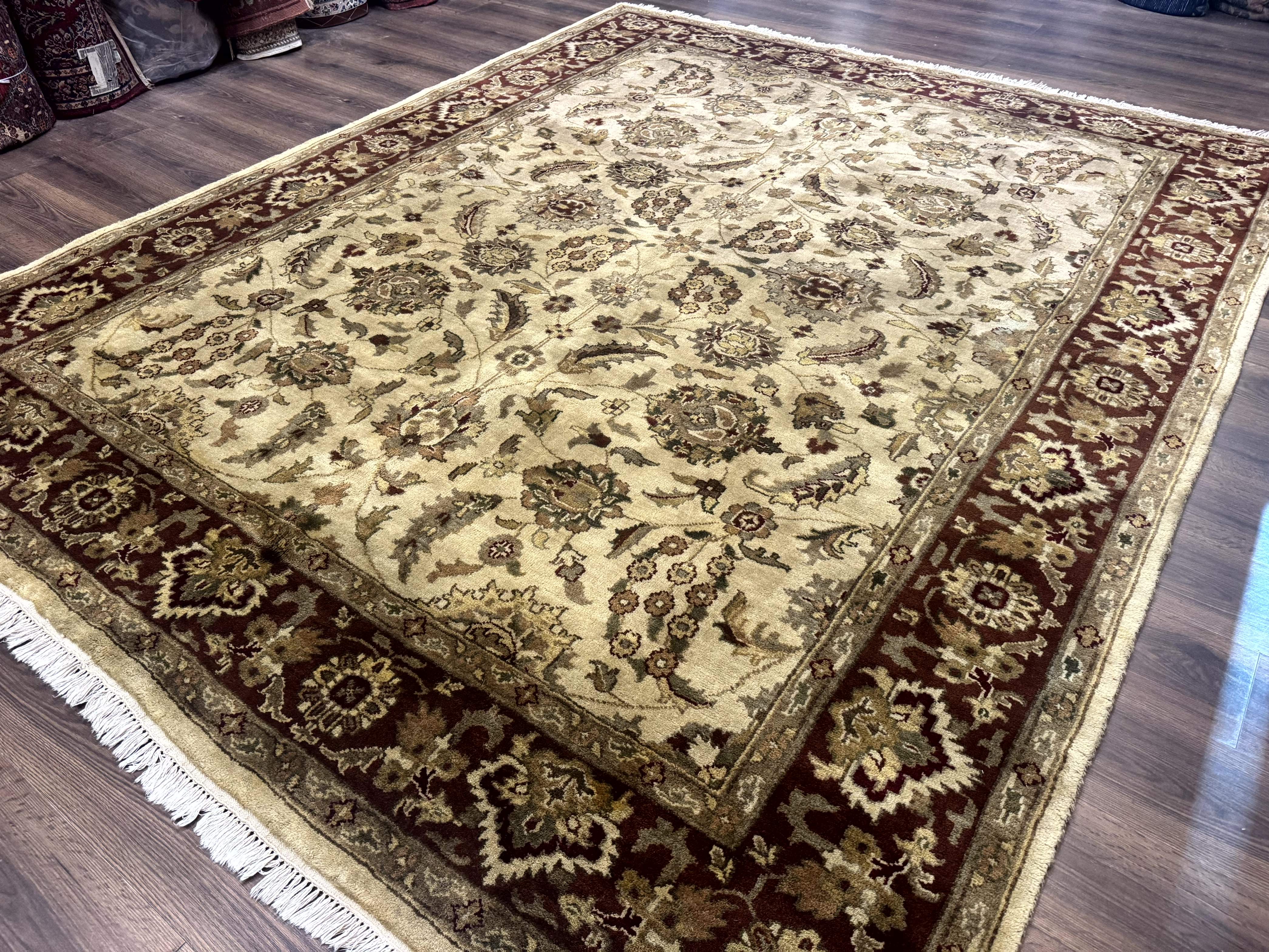 Indo Persian Mahal Rug 8x10 – Beige and Maroon, Hand-Knotted Wool Carpet - Jewel Rugs