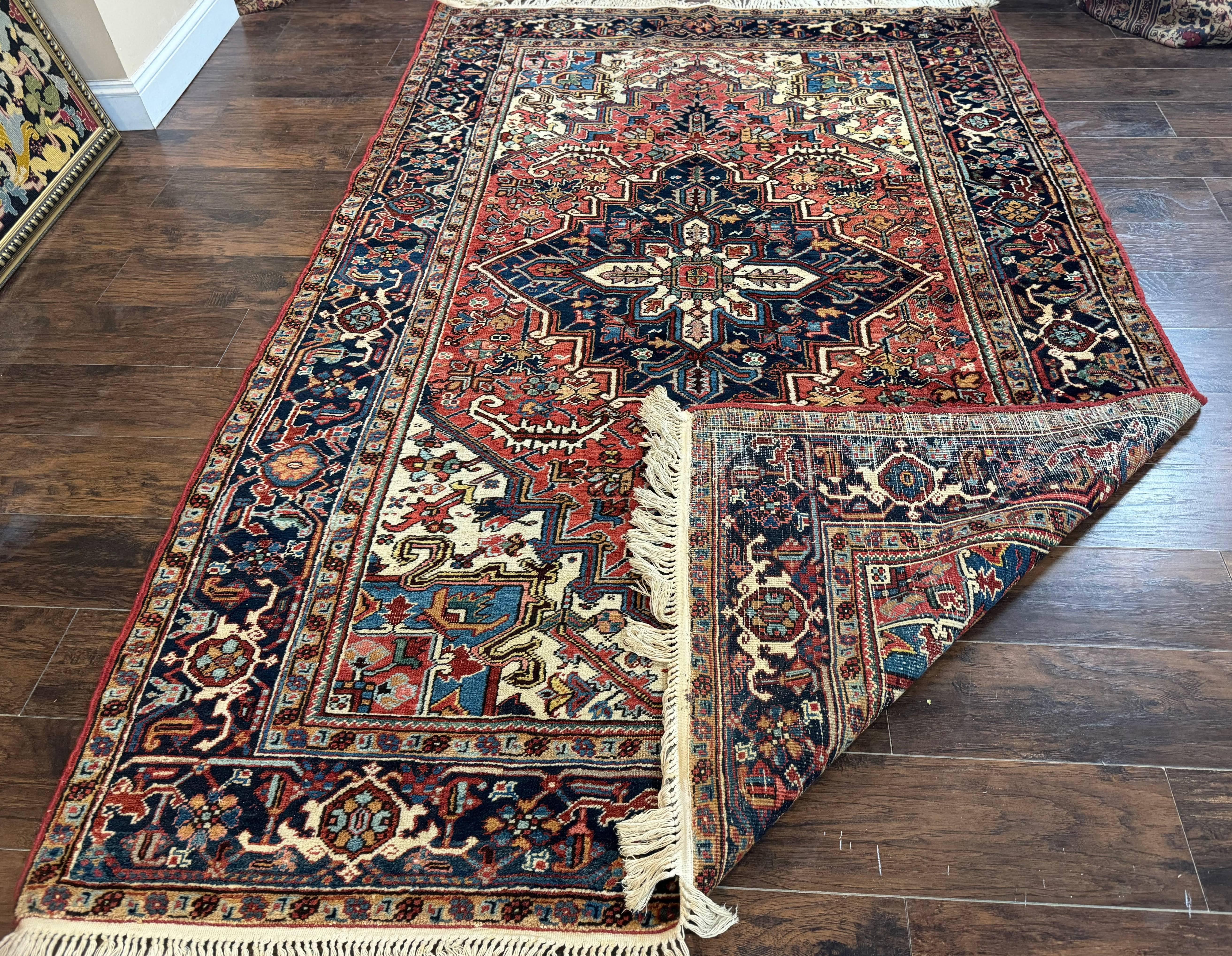 Antique Persian Heriz Rug 6x9, Red Navy Blue, Wool, Geometric Medallion - Jewel Rugs
