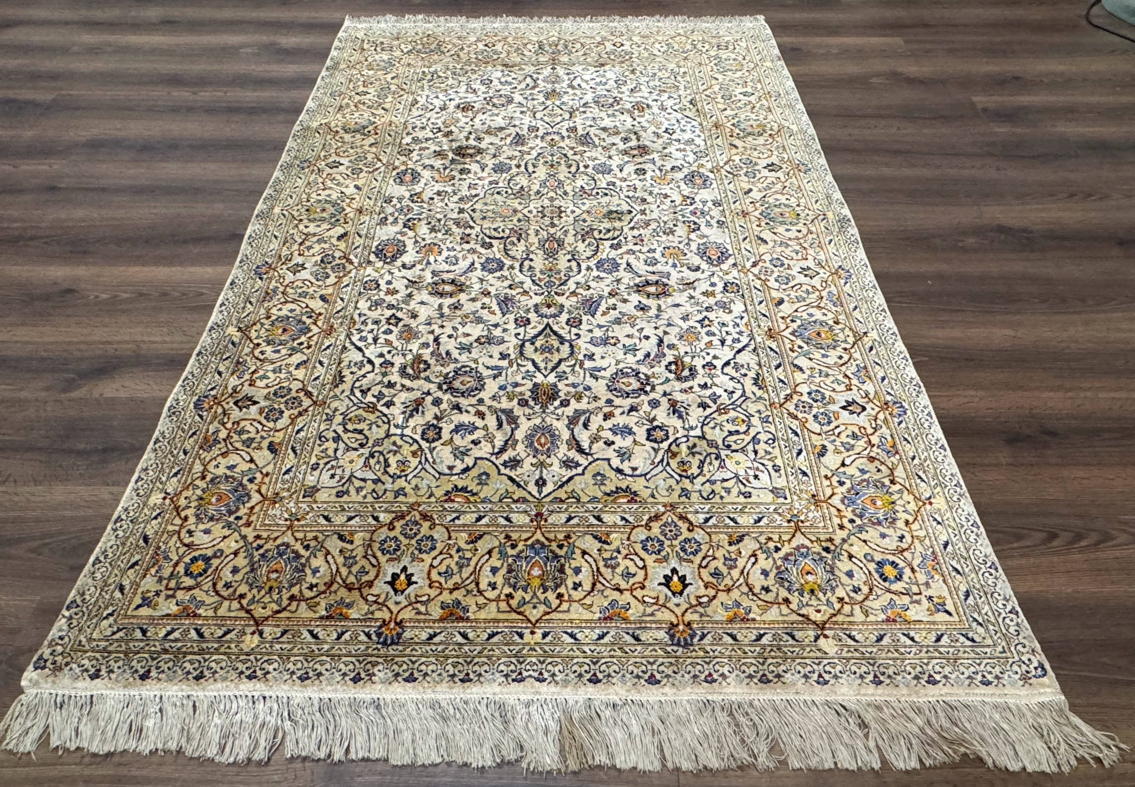 Rare Silk Persian Kashan Rug 4.6 x 7, Antique Fine 310 KPSI, Ivory - Jewel Rugs
