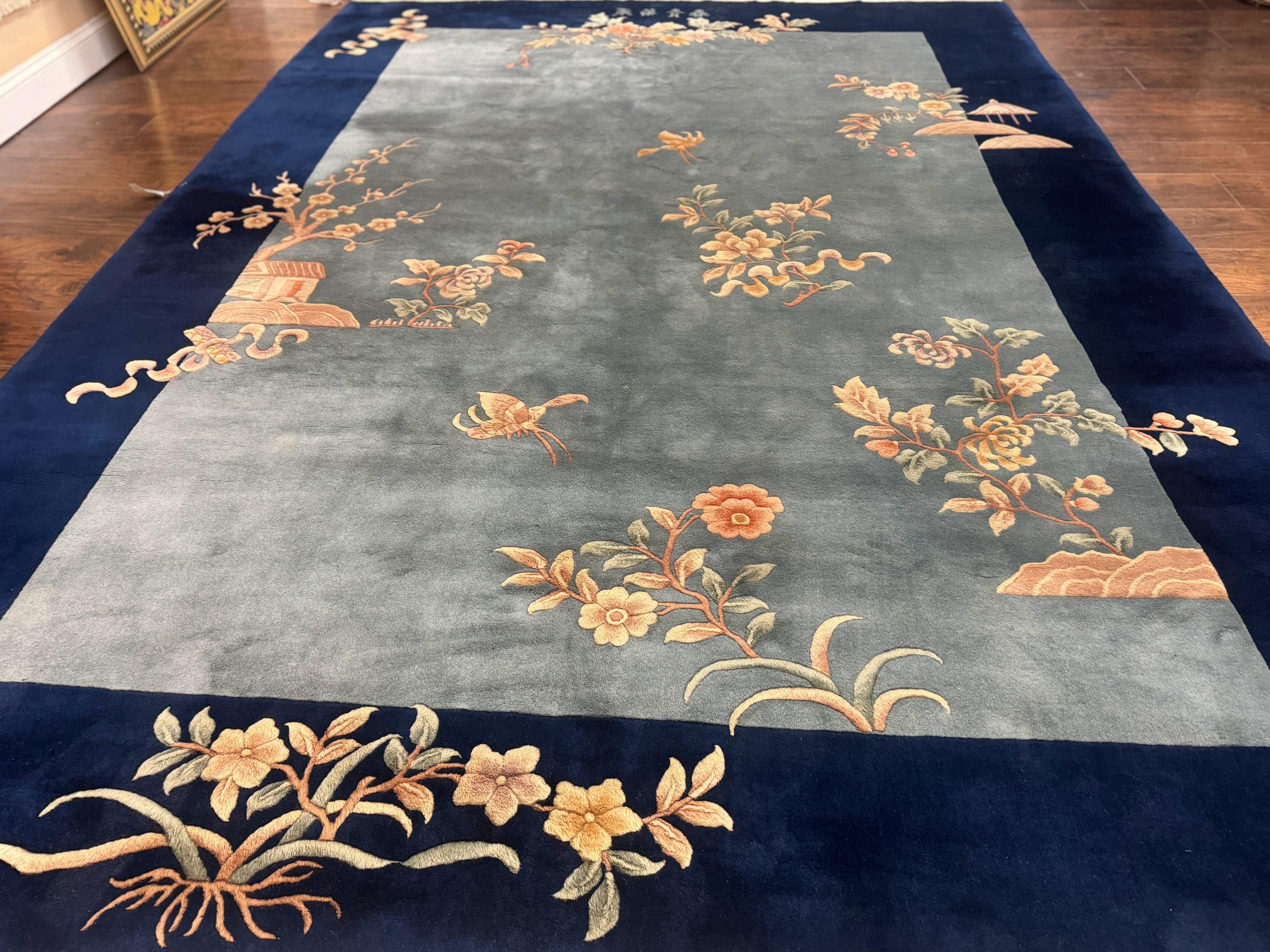 Blue Chinese Wool Rug 8 x 11.5, Open Field, Simple Design, Flowers, 90 Line Rug, Vintage Art Deco Carpet, Asian Oriental Rug - Jewel Rugs