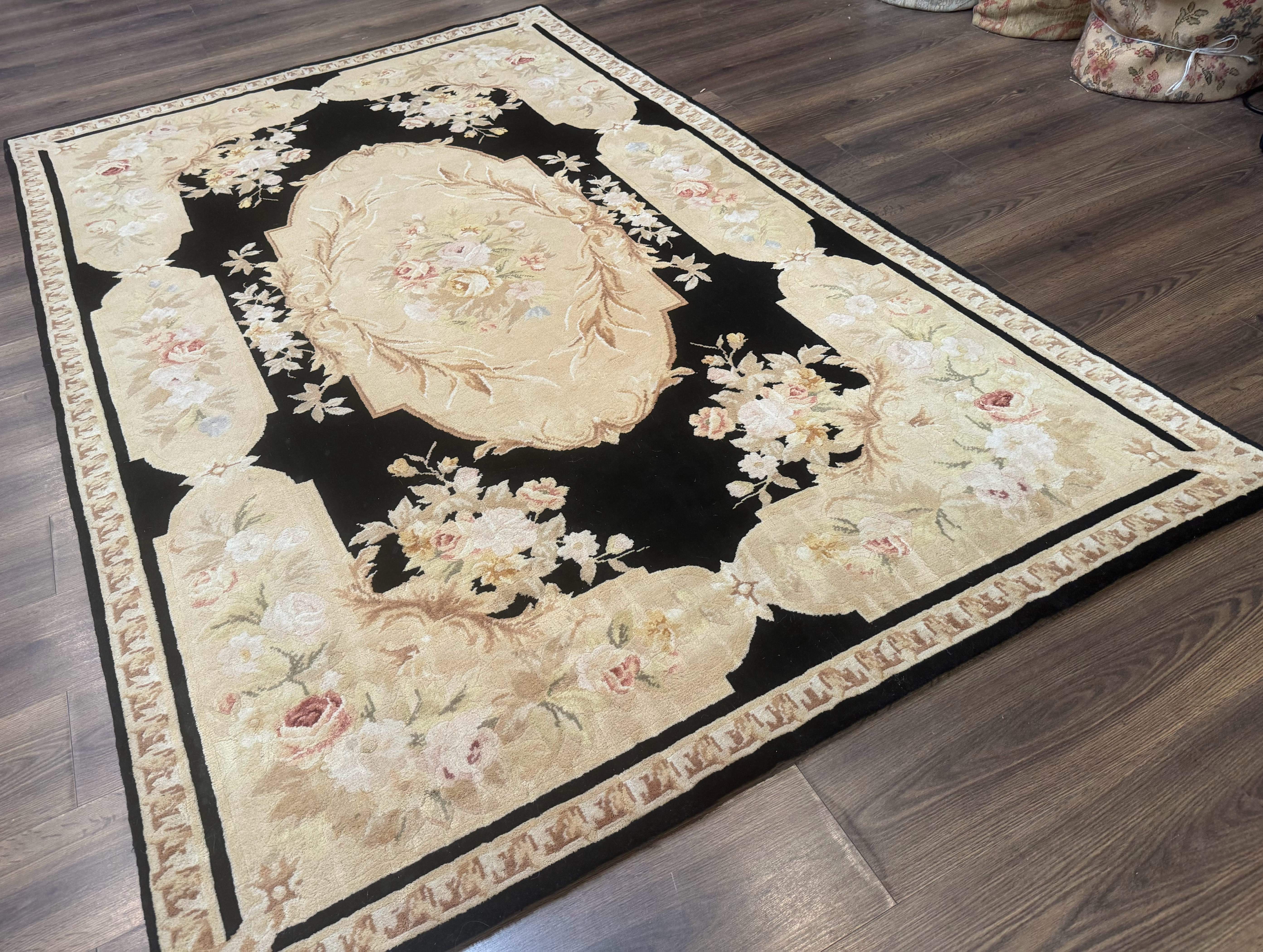Chinese Aubusson Rug 6x9, Wool Pile, Black, Floral, Elegant - Jewel Rugs