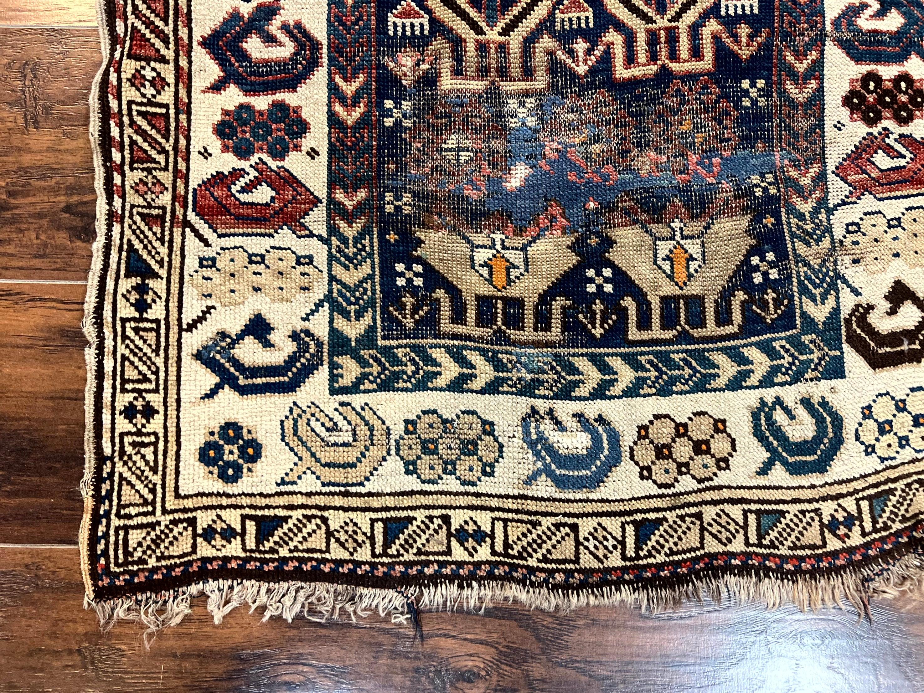 Antique Caucasian Kazak Rug 2.5 x 4, Navy Blue and Ivory, Hand Knotted Handmade Wool Rug - Jewel Rugs