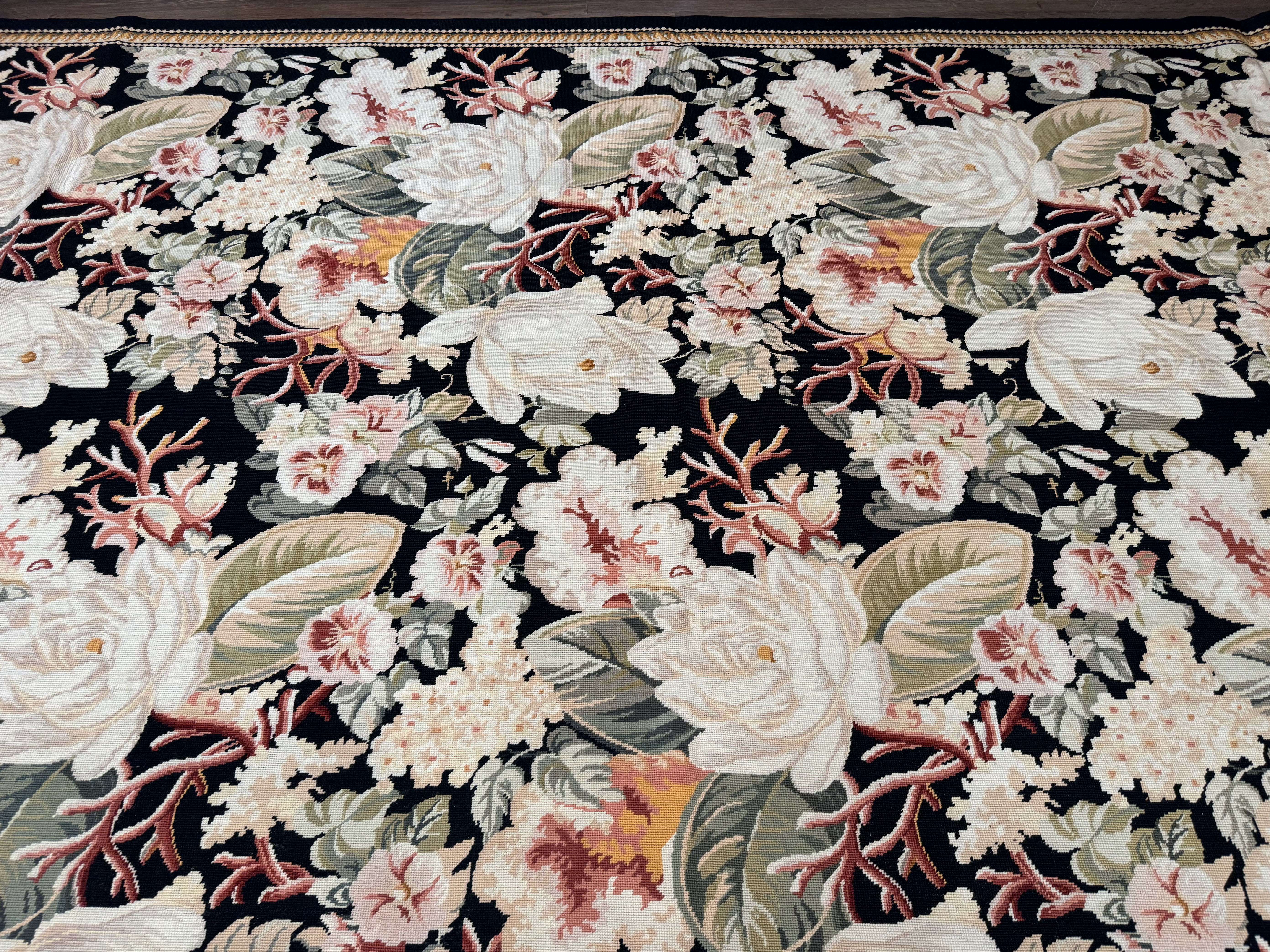 Palace Size Needlepoint Rug 13x17, Extra Large Wool Floral Handmade Carpet, European Design, Botanical - Jewel Rugs