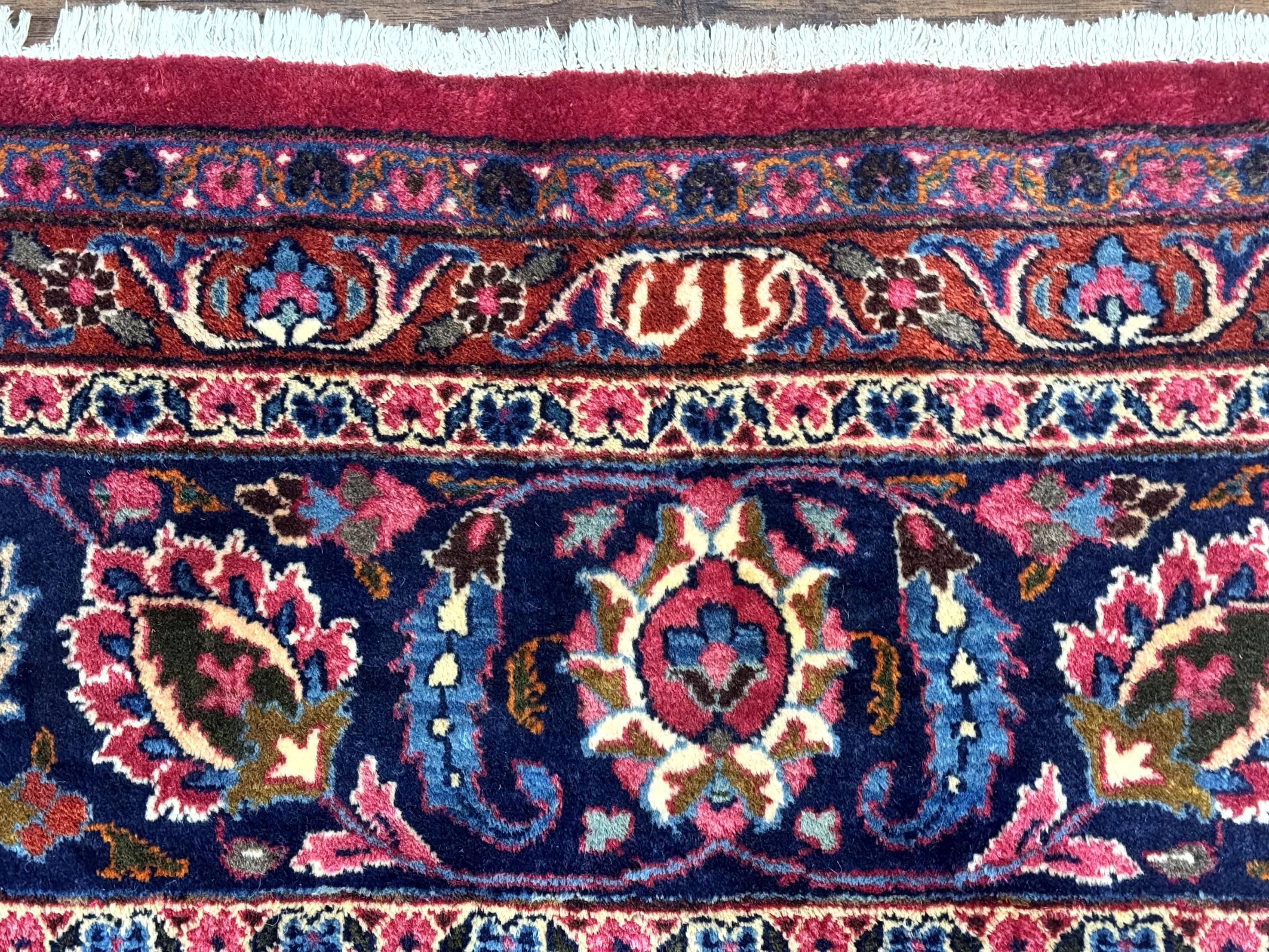 Antique Persian Mashad Rug 10x13, Red and Navy Blue, Great Colors, Signed By Masterweaver, Floral Medallion, Handmade Wool Persian Carpet - Jewel Rugs