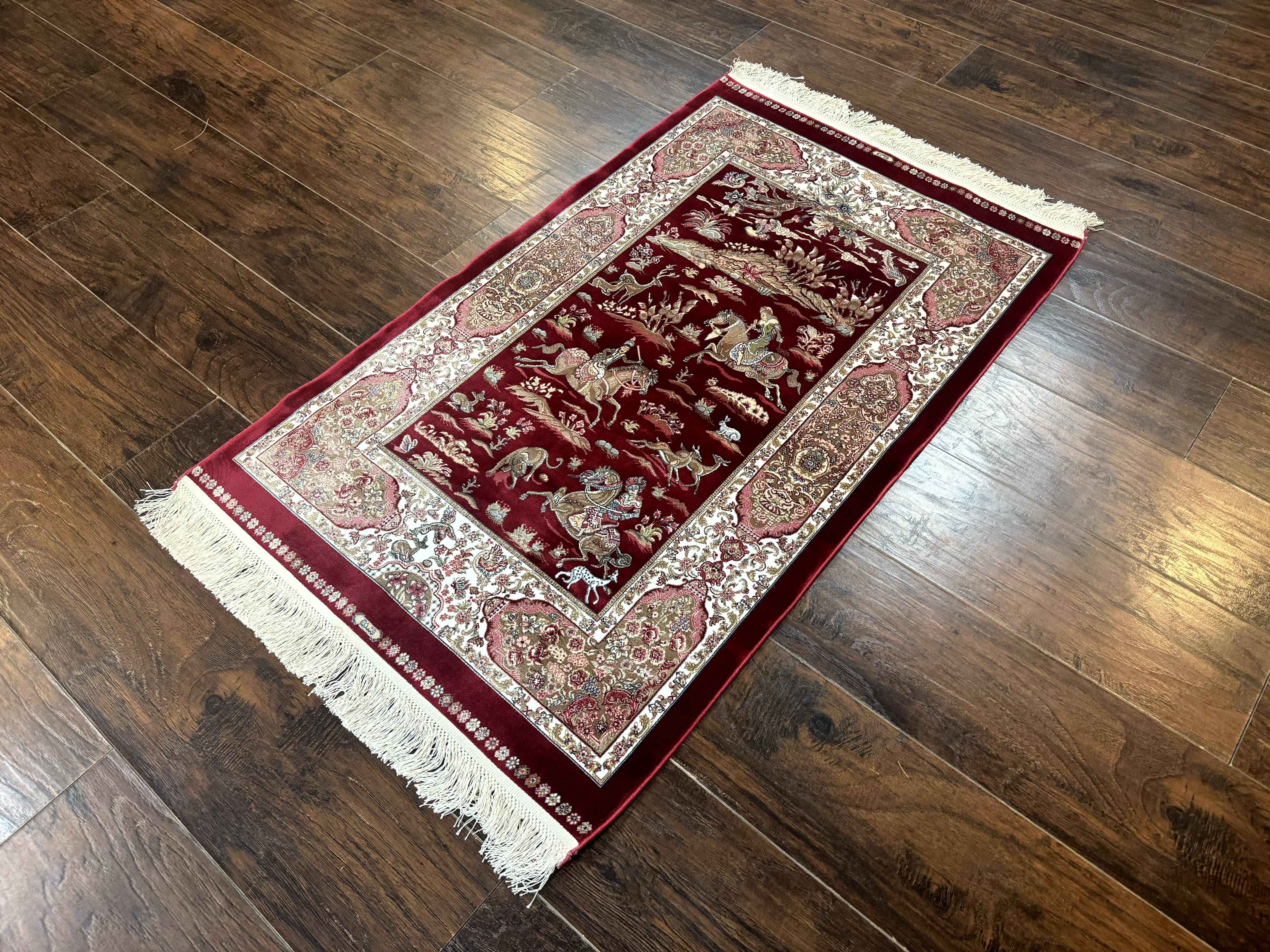 Dark Red Turkish Silk Rug 2.6 x 4, Hunting Design Scene, Bamboo Silk - Jewel Rugs