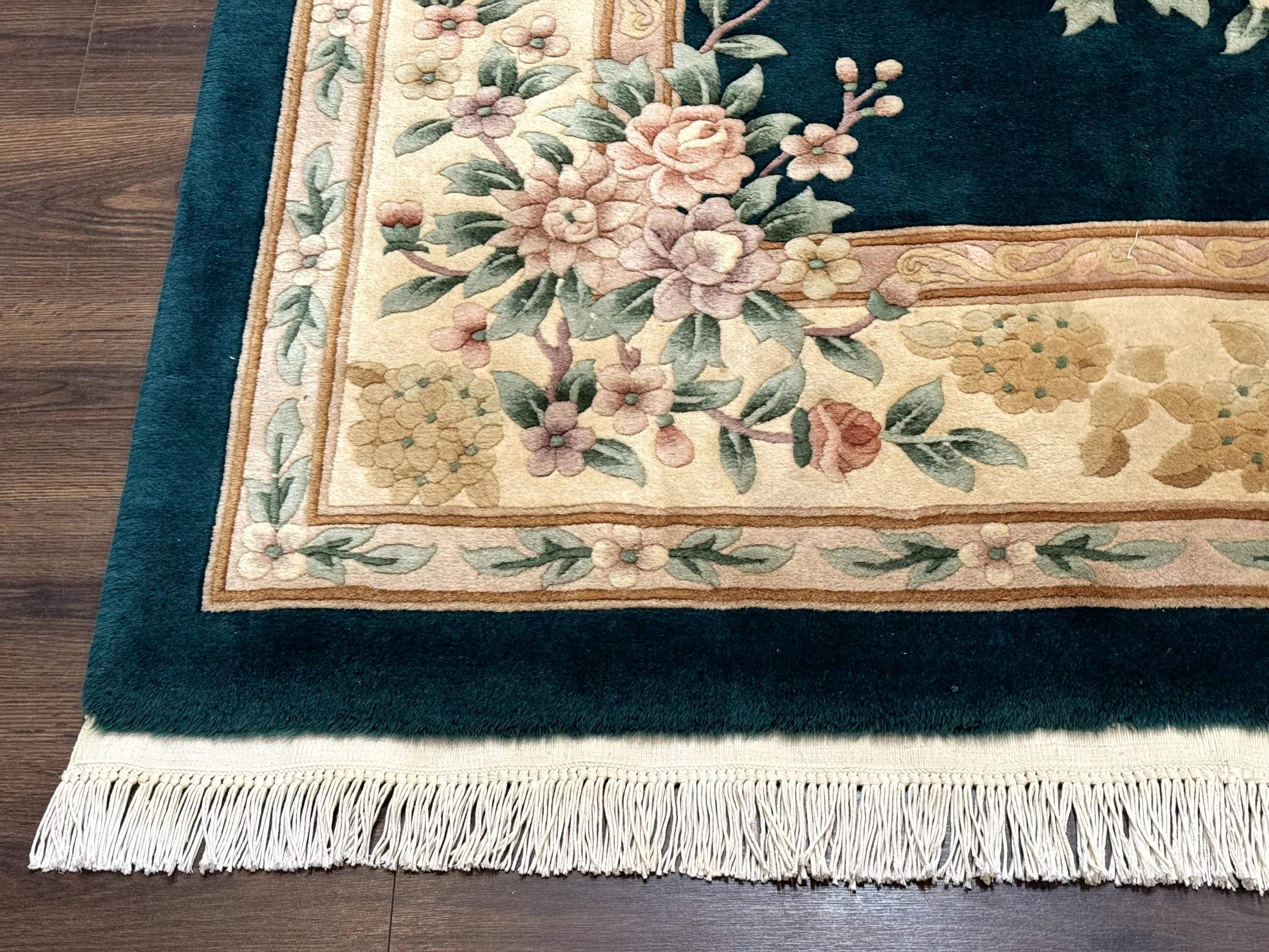 Chinese Wool Rug 8x10, Floral, Soft Thick Pile, Chinese Aubusson 90 Line Rug, Dark Teal and Beige - Jewel Rugs