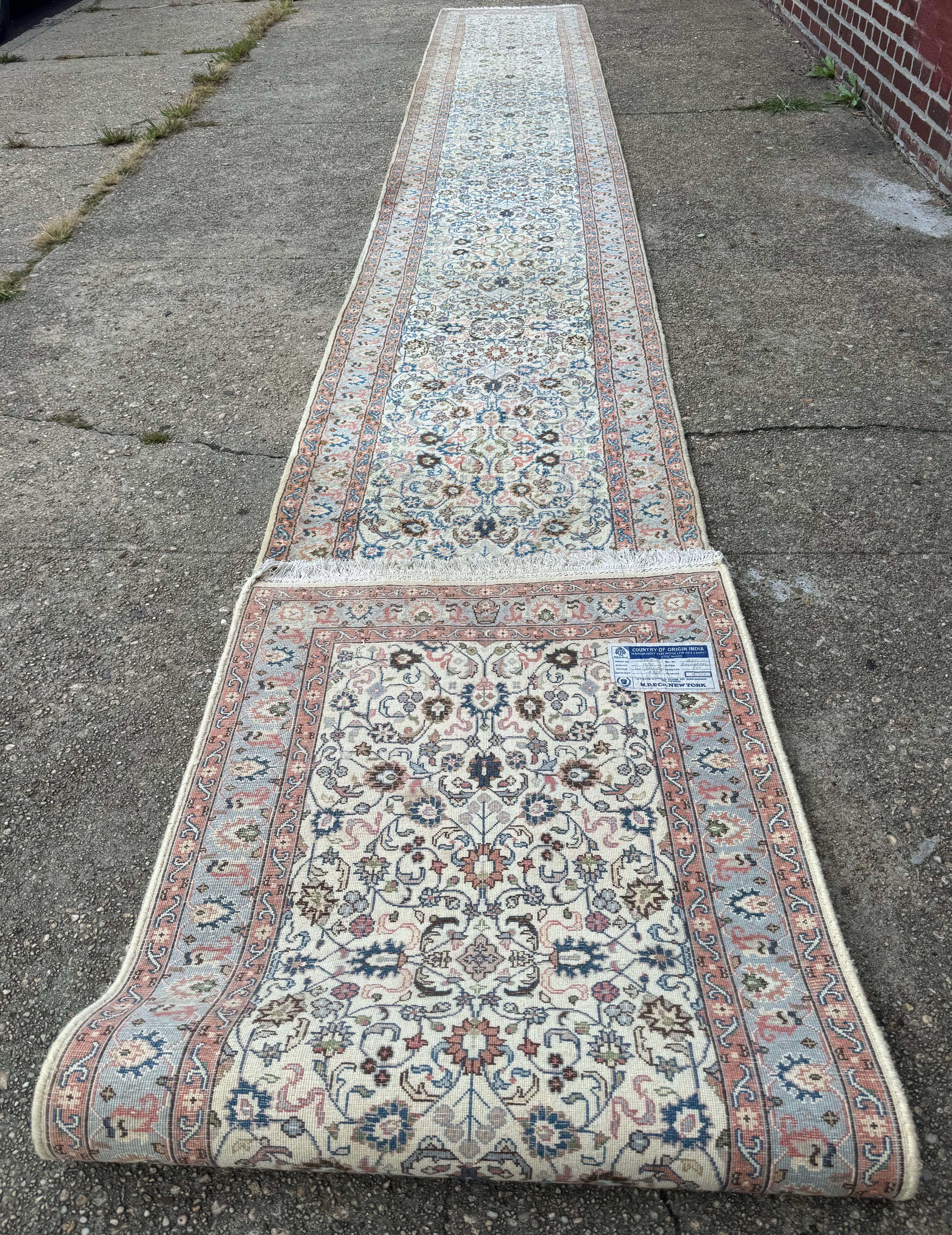 Indo Persian Long Runner Rug 3 x 25 ft, Ivory, Hand Knotted - Jewel Rugs