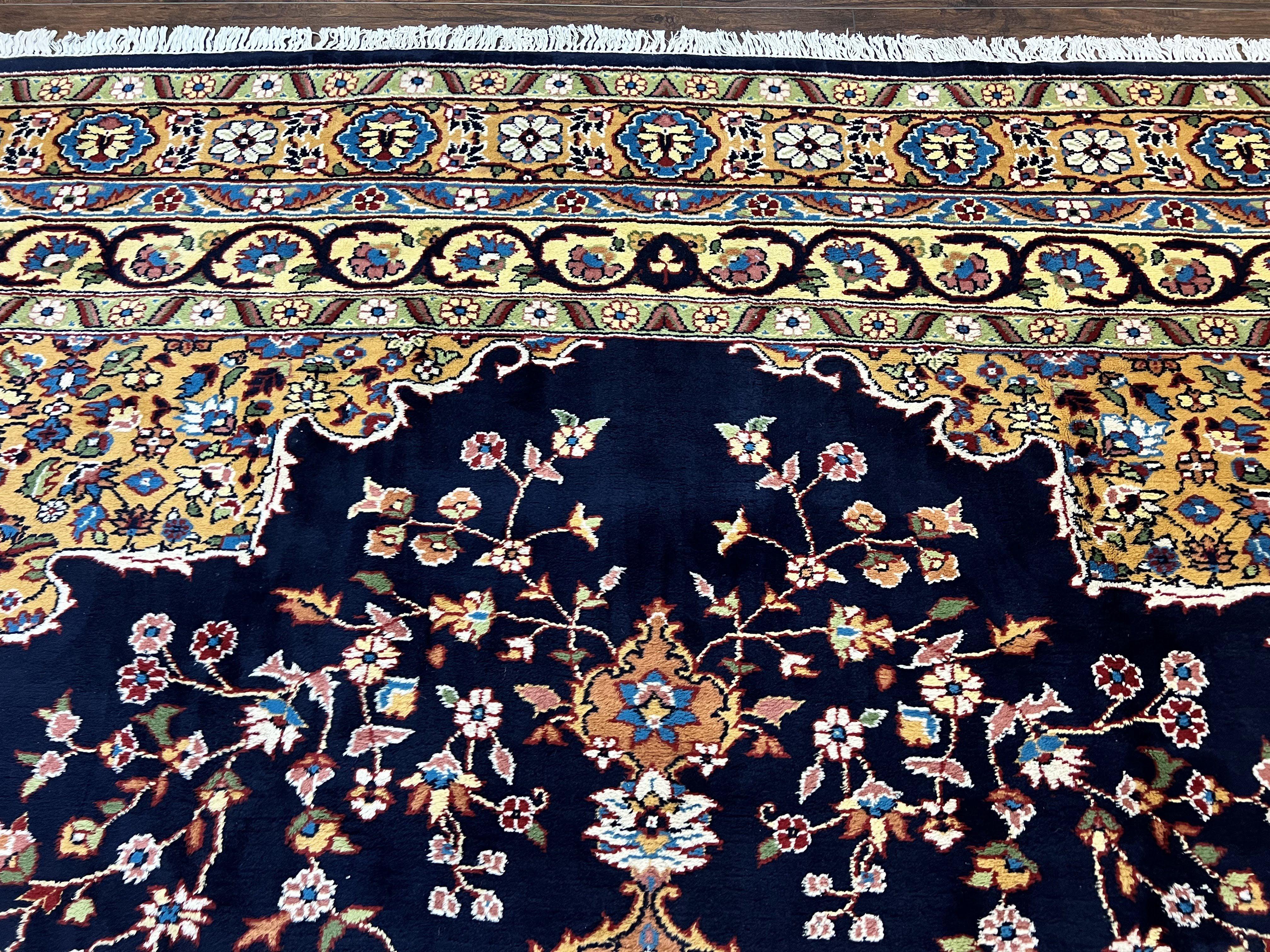 Indo Persian Rug 12x15, Mahal Sarouk Rug 12 x 15, Wool Hand Knotted Vintage Carpet, Navy Blue, Oversized Rug, Center Medallion - Jewel Rugs