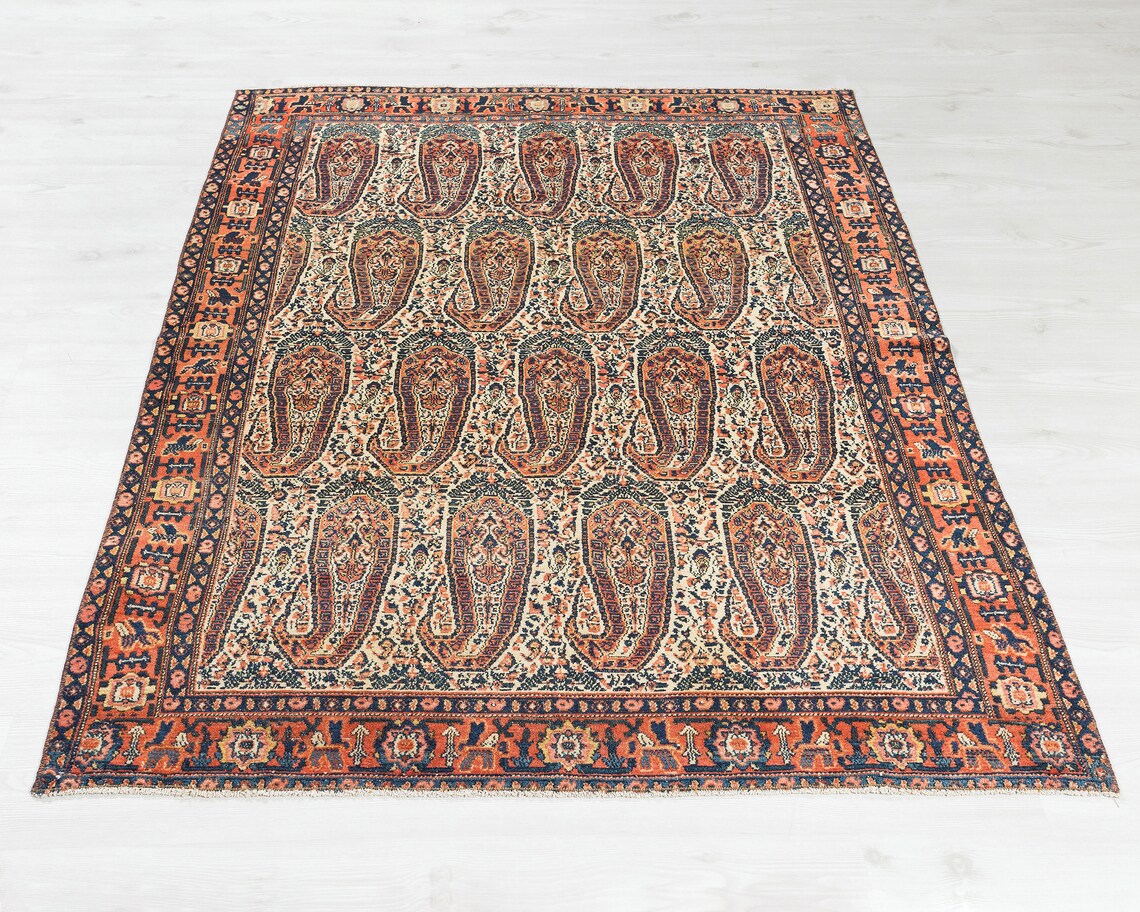 Persian Senneh Rug 5x6, Boteh Paisley Design, Antique 1920s Carpet, Rare - Jewel Rugs