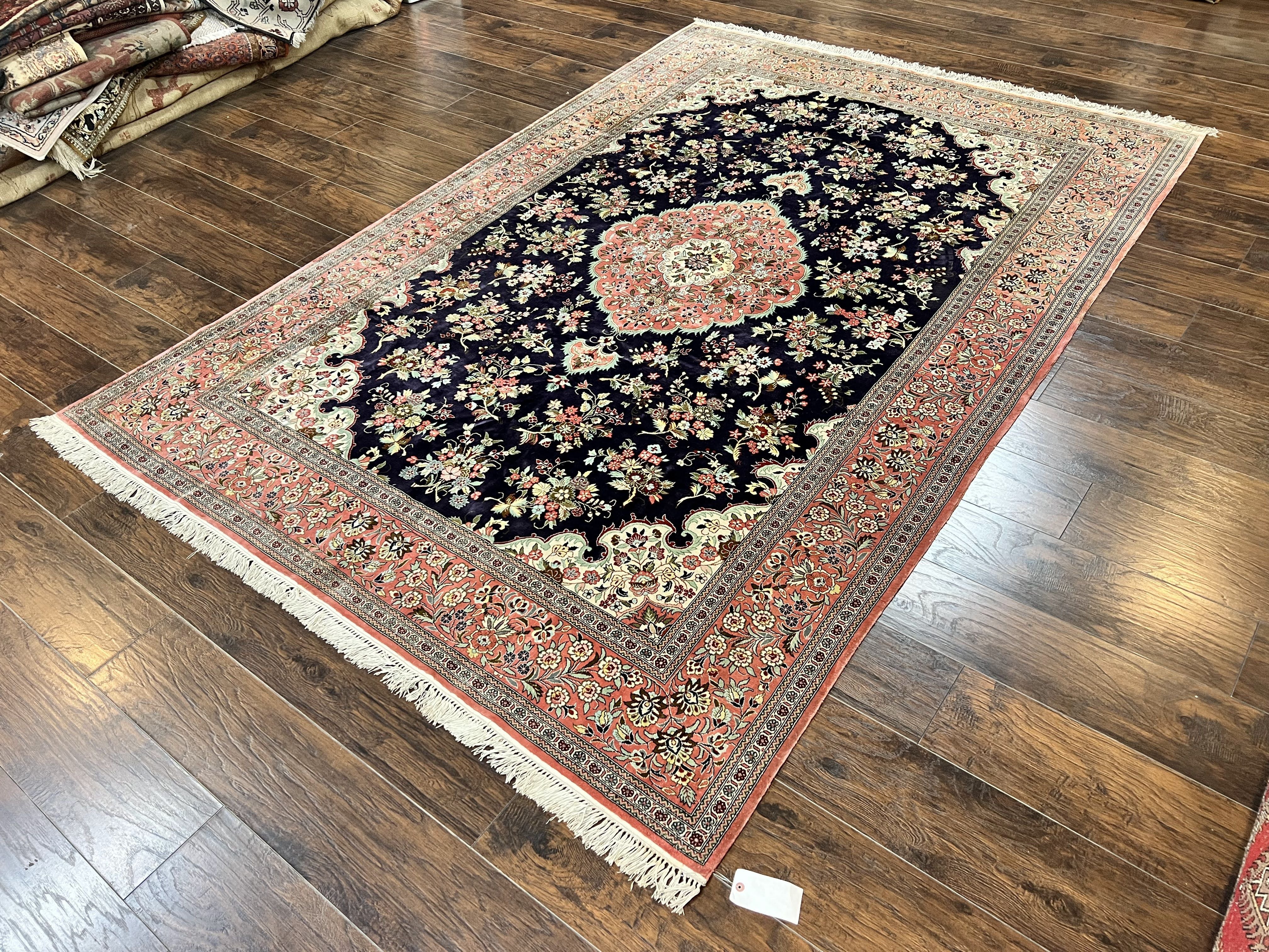 Stunning Silk Persian Qum Rug 7x9, Finely Hand Knotted Navy Blue & Salmon Floral Medallion Authentic Oriental Carpet, Vintage Handmade Silk Ghom Rug, Silk on Silk - Jewel Rugs