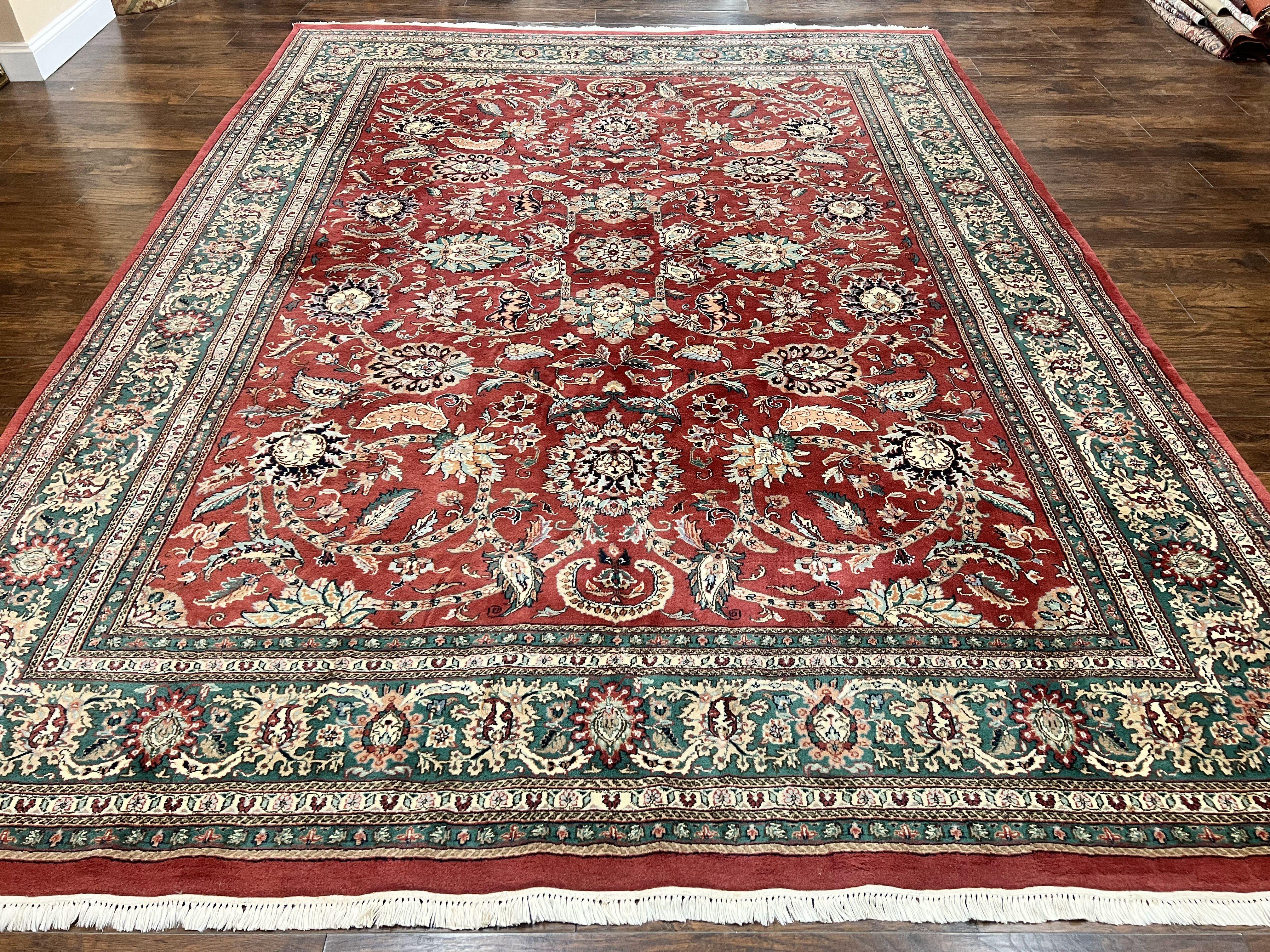 Indo Persian Rug 9x12, Wool Hand Knotted Vintage Carpet, Red & Green, Floral Allover 9 x 12 Room Sized Oriental Rug - Jewel Rugs