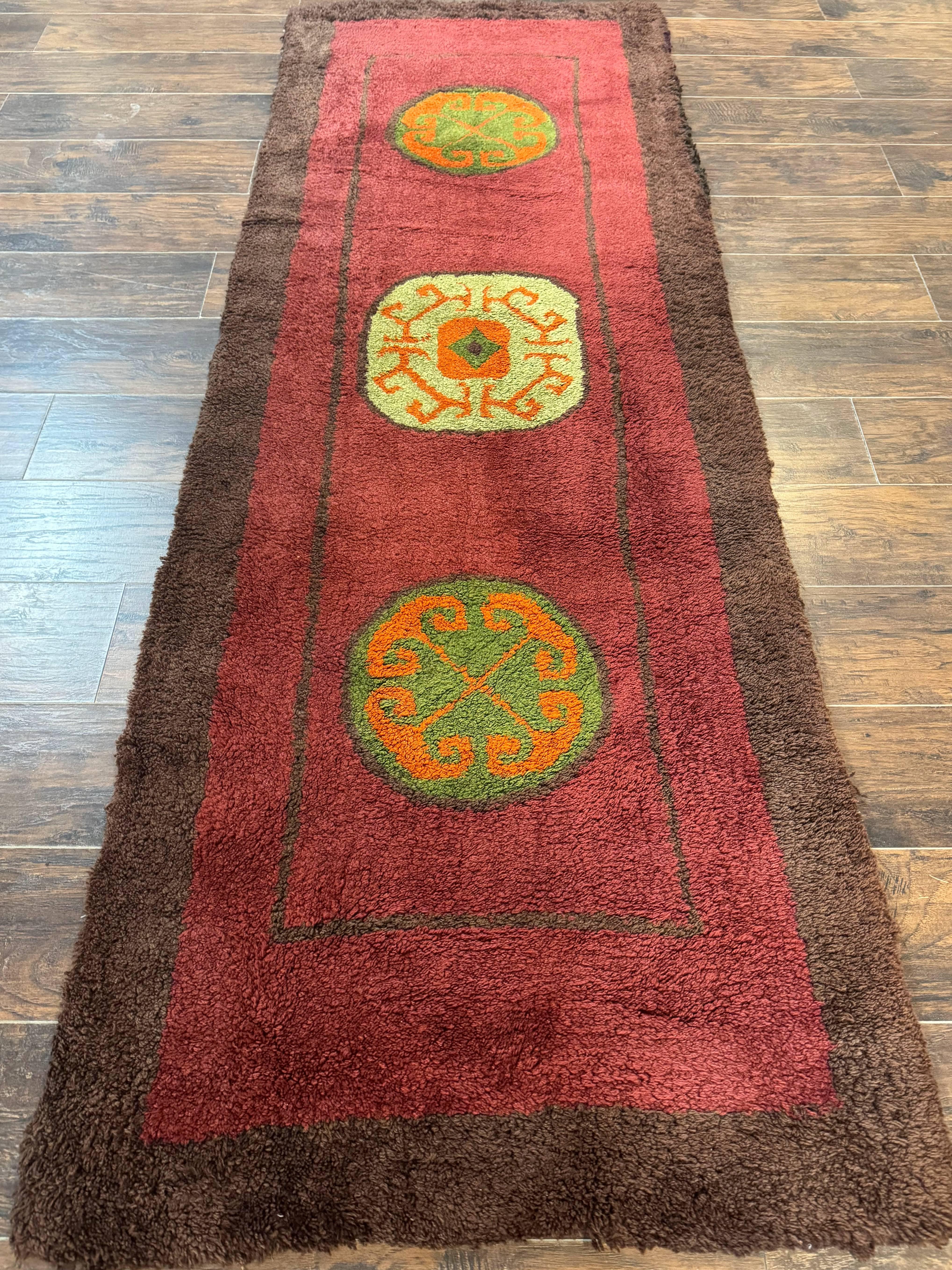 German Hooked Runner Rug 3x8, Vintage, Red, Wool - Jewel Rugs