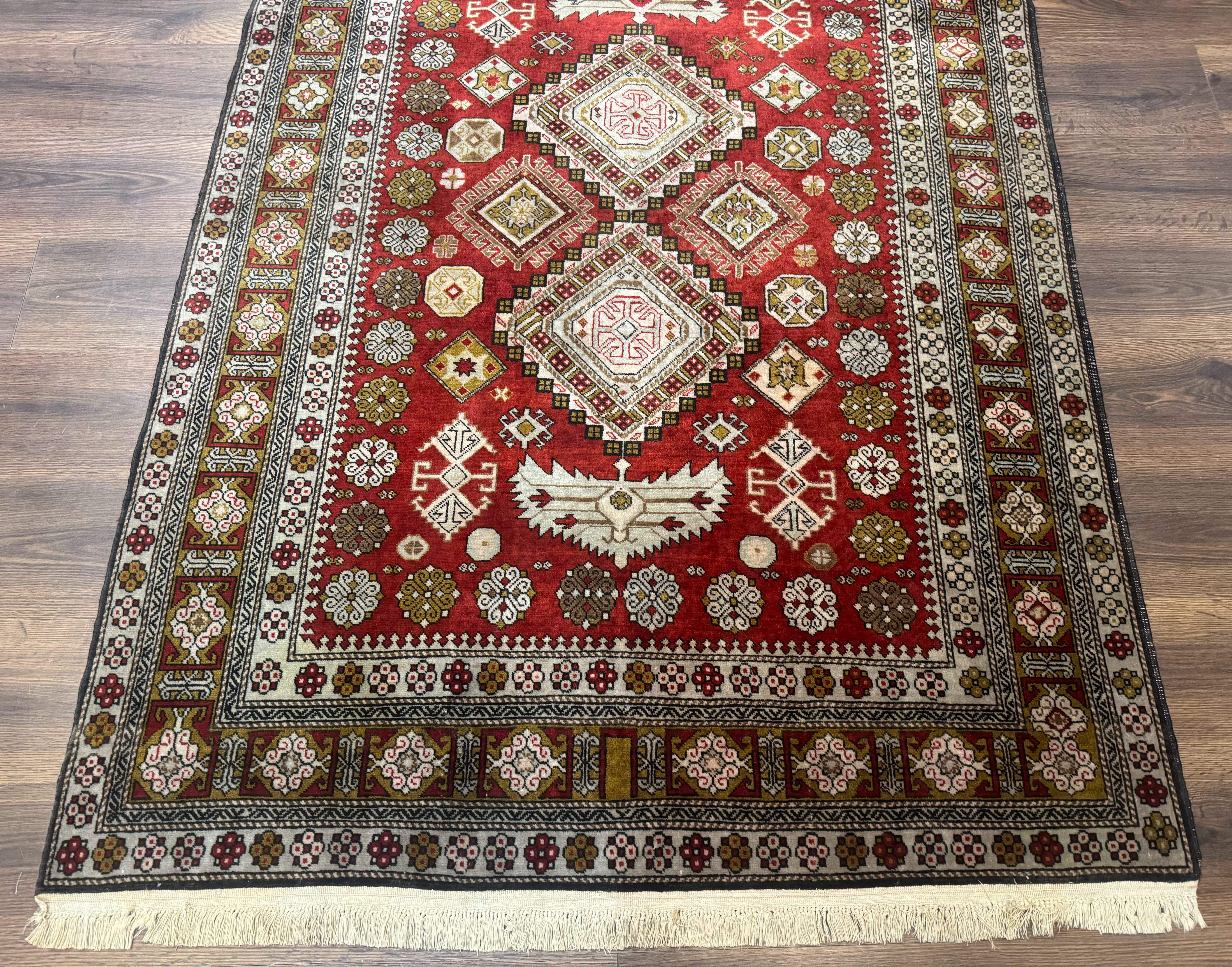 Caucasian Rug 4x6 – Rust Red, Hand-Knotted Wool Shirvan Carpet, Geometric Medallions - Jewel Rugs