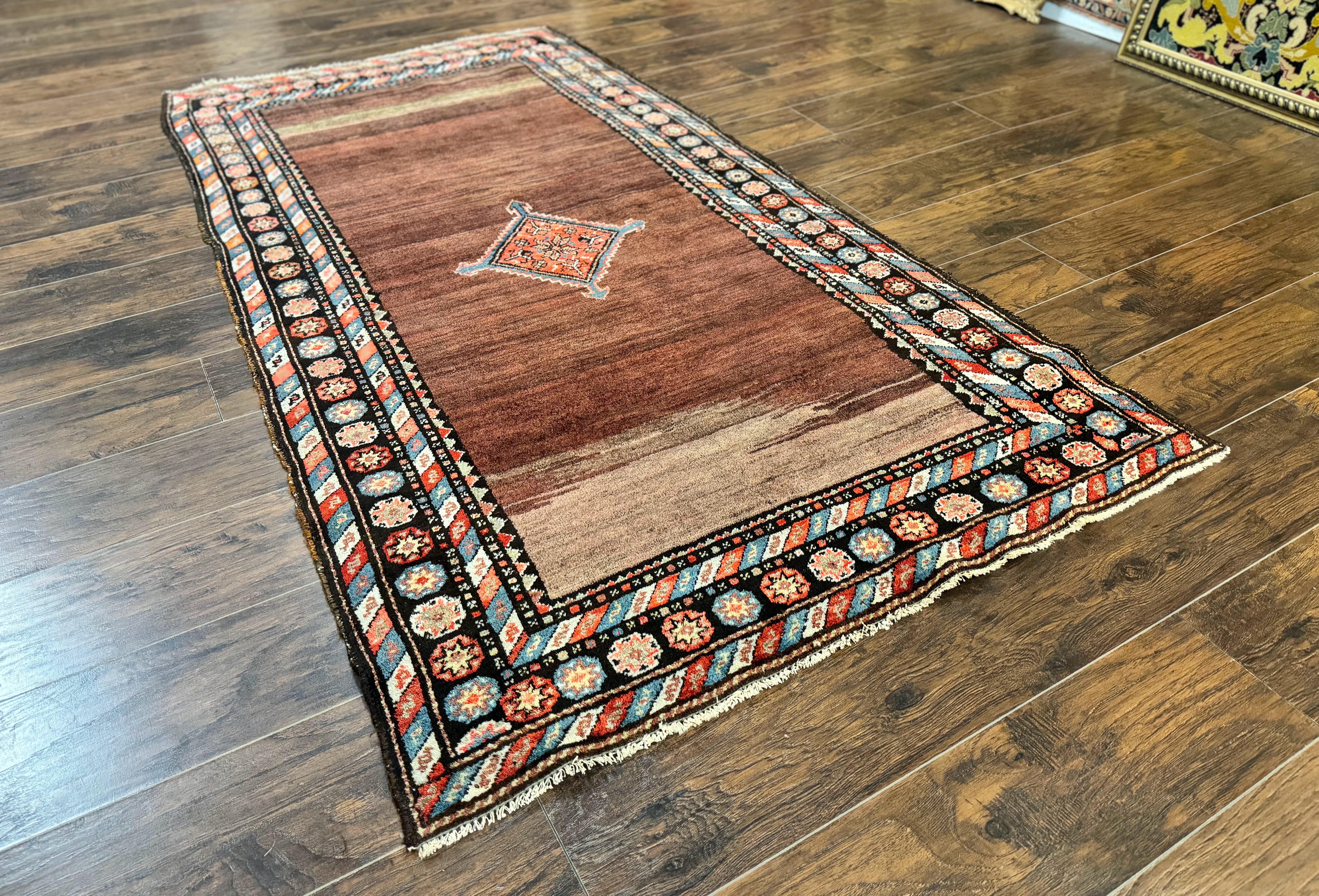 Antique Persian Rug 4x7, Sarab Tribal Wool Carpet, Brown and Multicolor, Handmade Wide Runner Rug 4 x 7, Open Field, Rainbow Border - Jewel Rugs