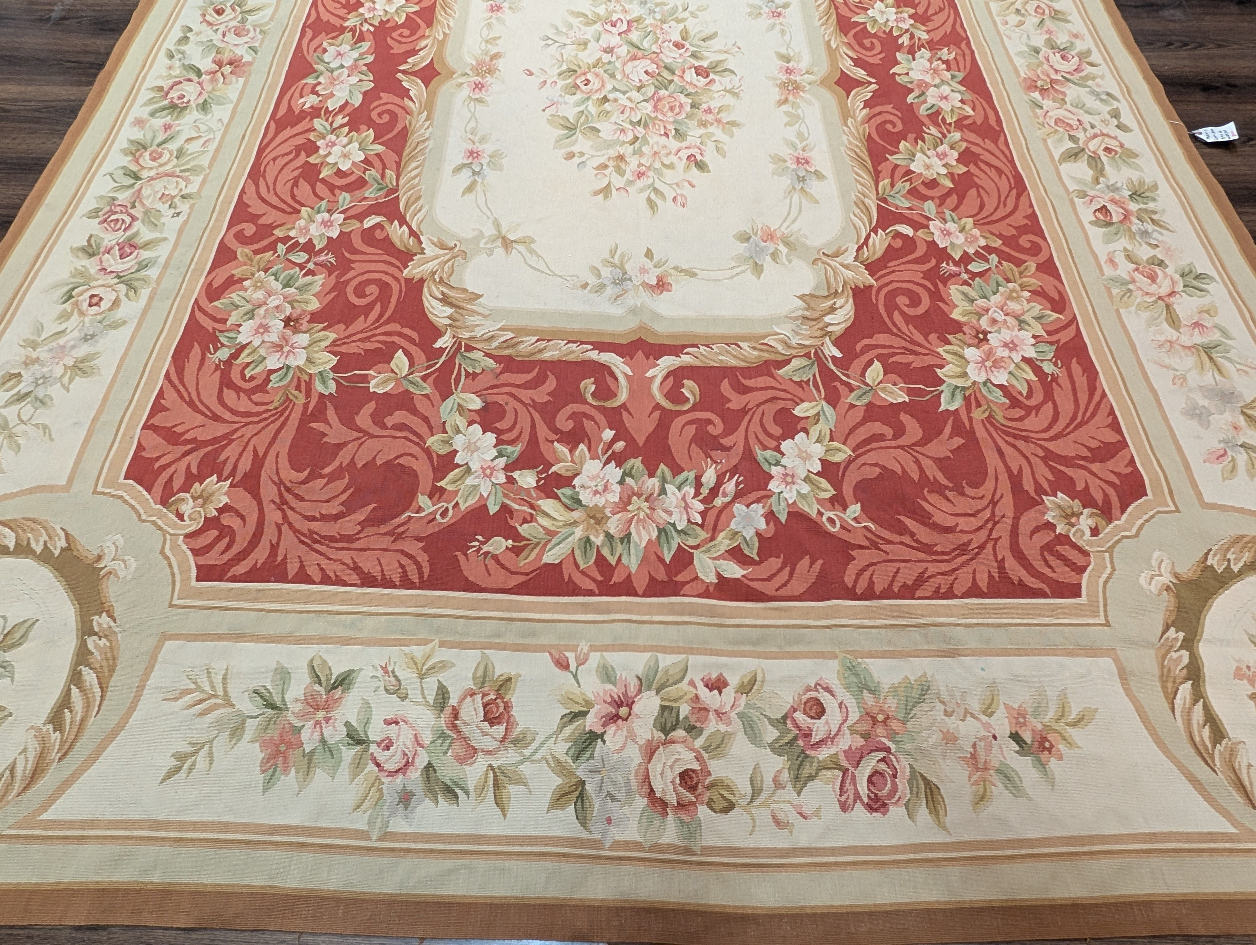 Aubusson Rug 9x12, Red and Ivory, Handwoven French European Floral Carpet - Jewel Rugs
