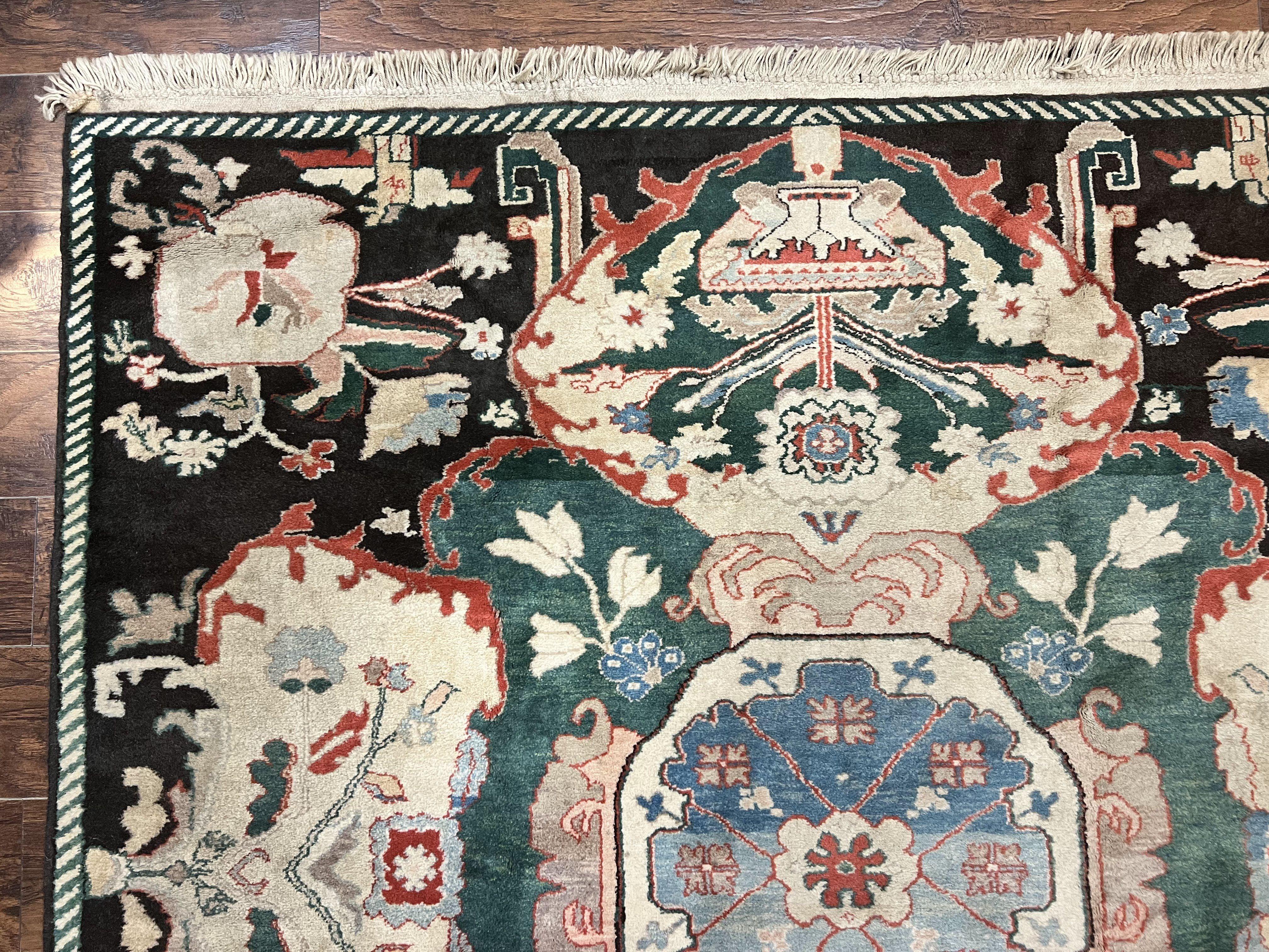 Square Turkish Rug 7x7, Vintage Handmade Wool Carpet, Black Beige Green - Jewel Rugs