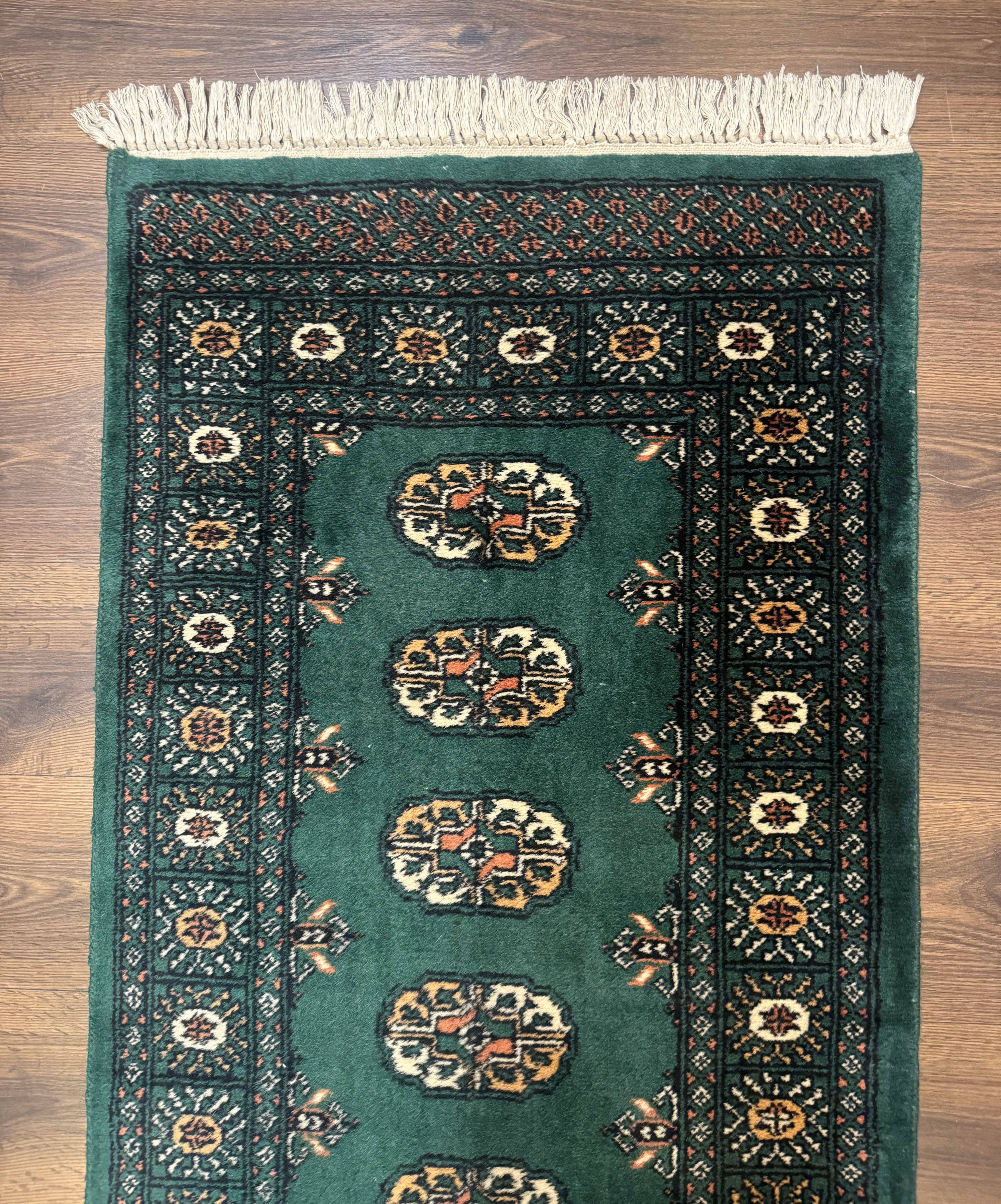 Pakistani Bokhara Runner Rug 2.5 x 11, Green Turkoman Wool Runner for Hallway - Jewel Rugs