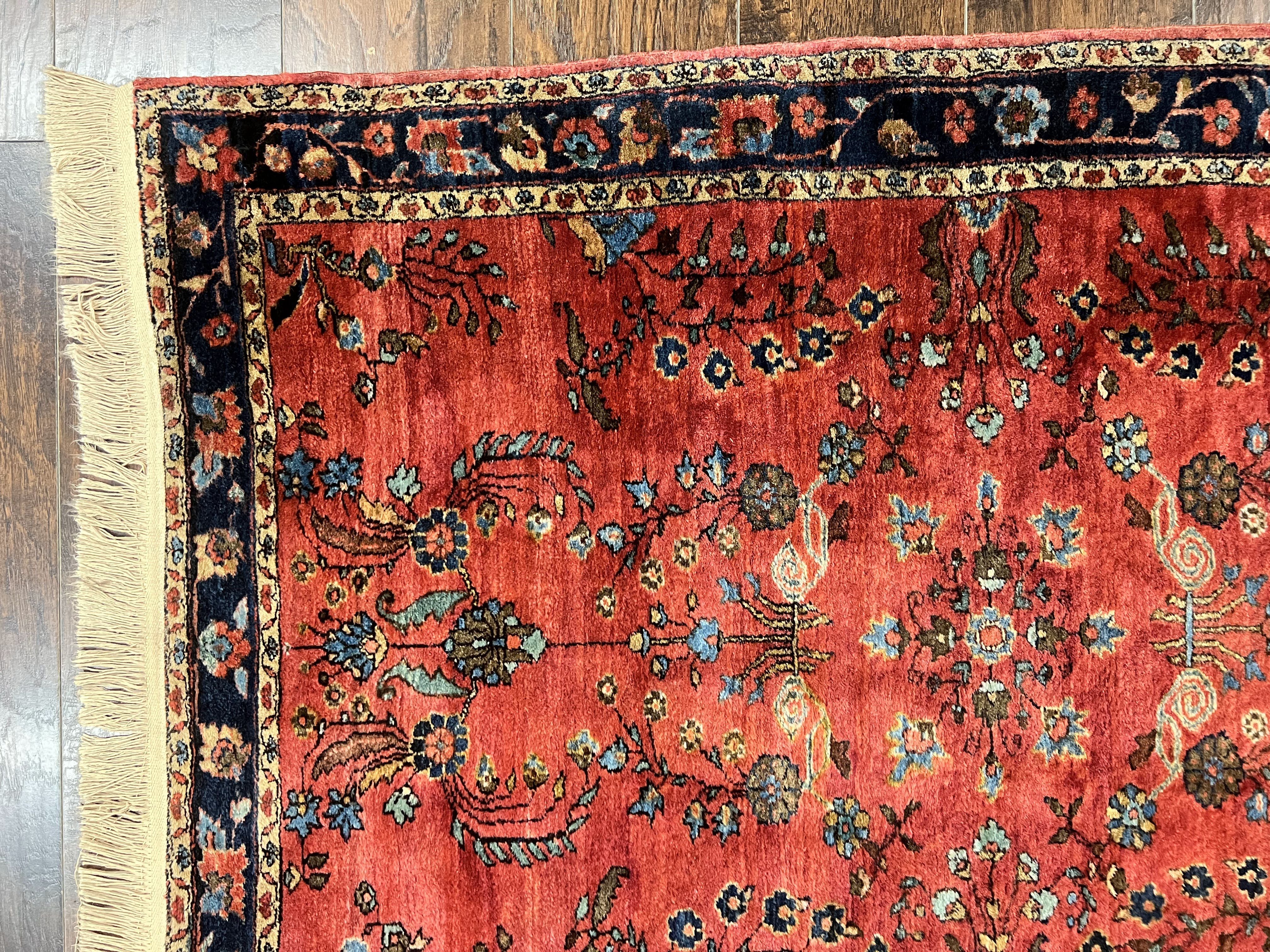 Persian Sarouk Rug 3x5, Antique Persian Carpet, Red and Navy Blue, Hand Knotted Handmade Floral Wool 1920s Fine Oriental Rug - Jewel Rugs