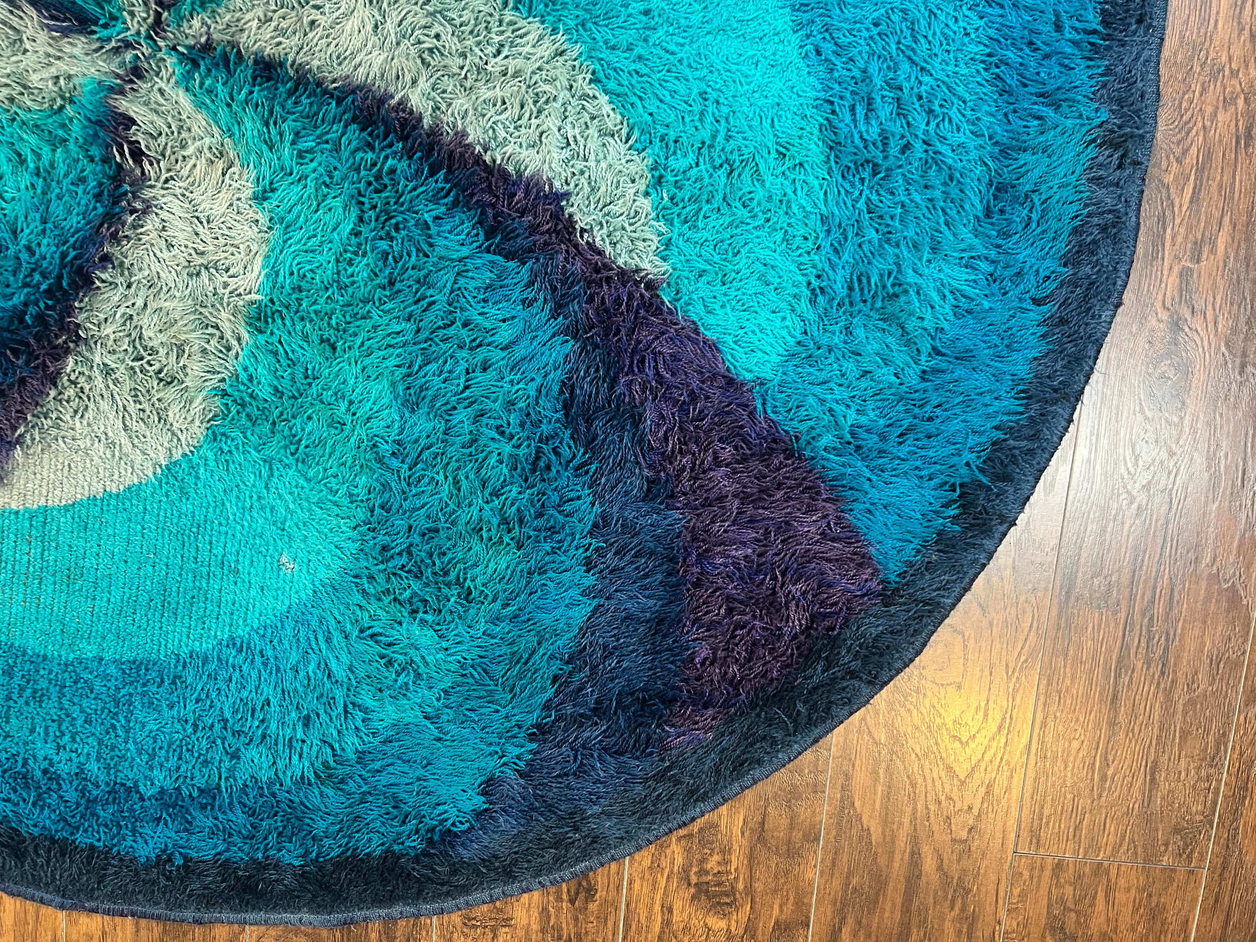 Round Rya Shag Rug 6x6 ft, Round Danish Rug, Shades of Blue, Mid Century 1960s Vintage Retro Area Rug 6ft Round - Jewel Rugs