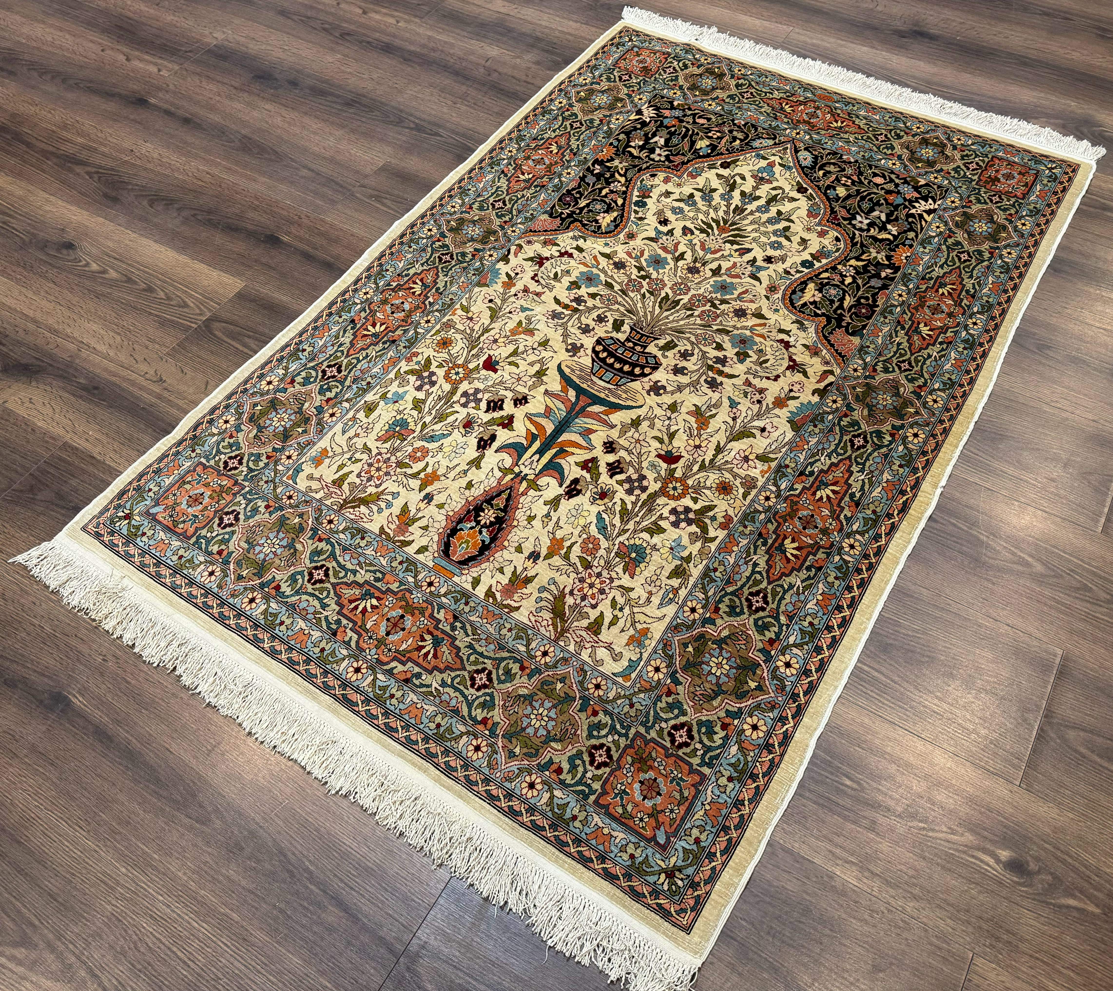Rare Turkish Hereke Silk Rug 3x5, Tree of Life Persian Vase Design, Very Fine 440 KPSI, Signed - Jewel Rugs