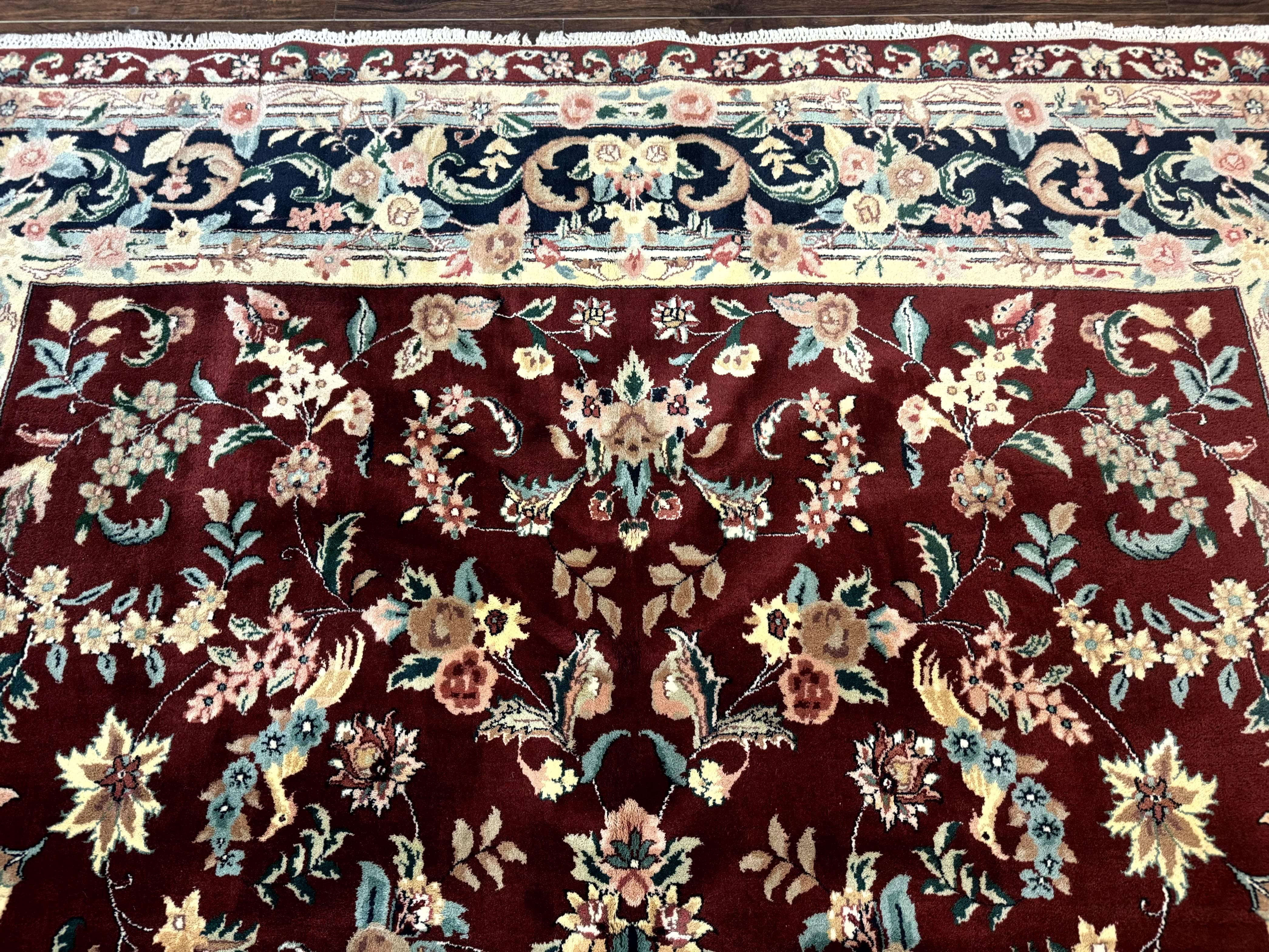 Indo Persian Rug 8x10, Floral Allover with Bird Pictorials, Maroon and Navy Blue, Handmade Wool Area Rug - Jewel Rugs