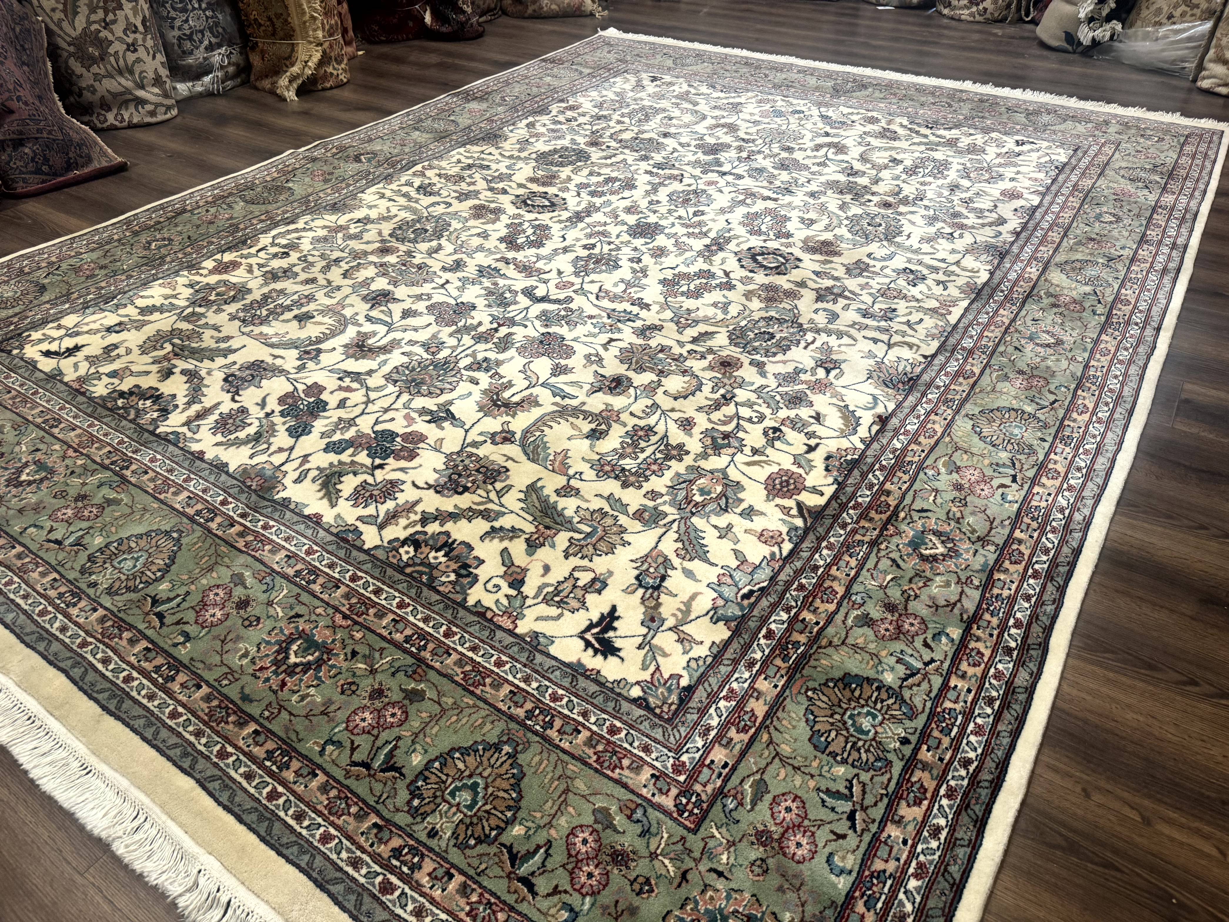 Indo Persian Rug 9x12, Allover Floral Pattern, Ivory & Green, Traditional Oriental Carpet - Jewel Rugs
