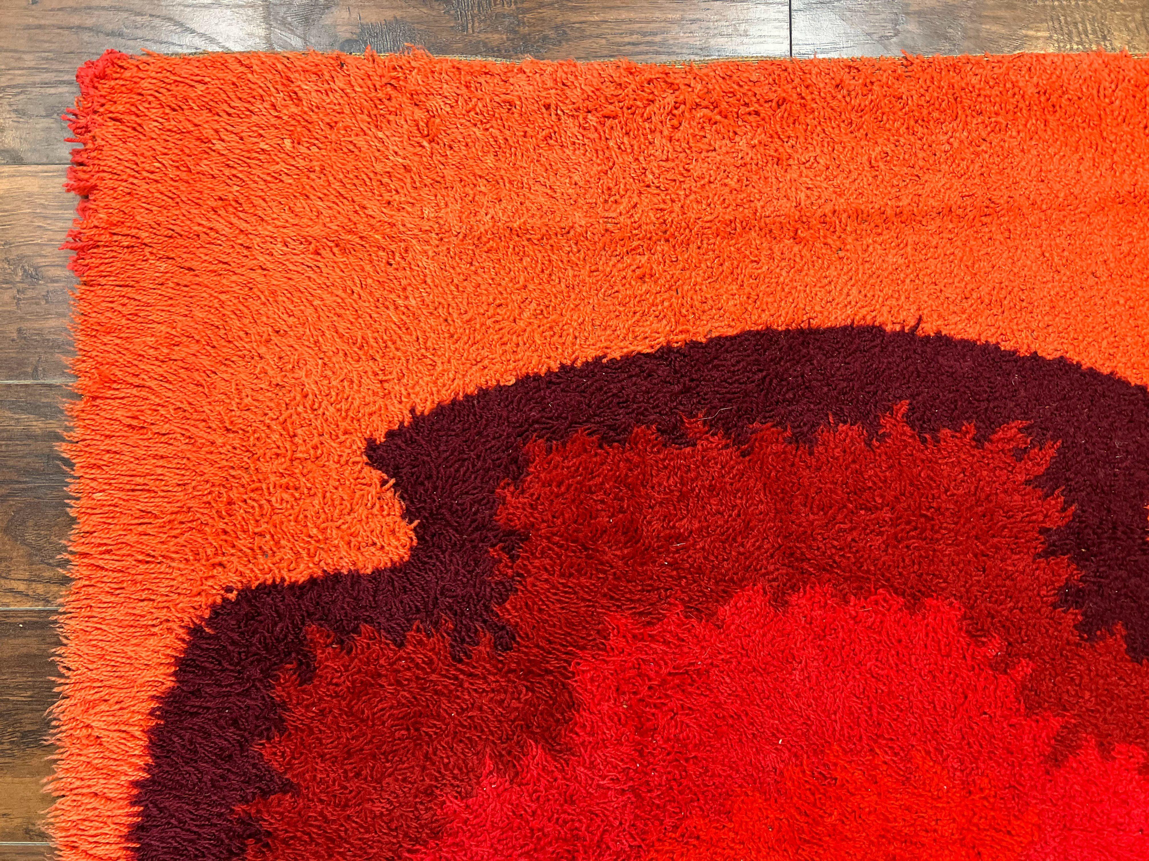 Danish Rya Shag Rug 4x6, Mid Century 1960s Retro Vintage Wool Rug, Shades of Red - Jewel Rugs