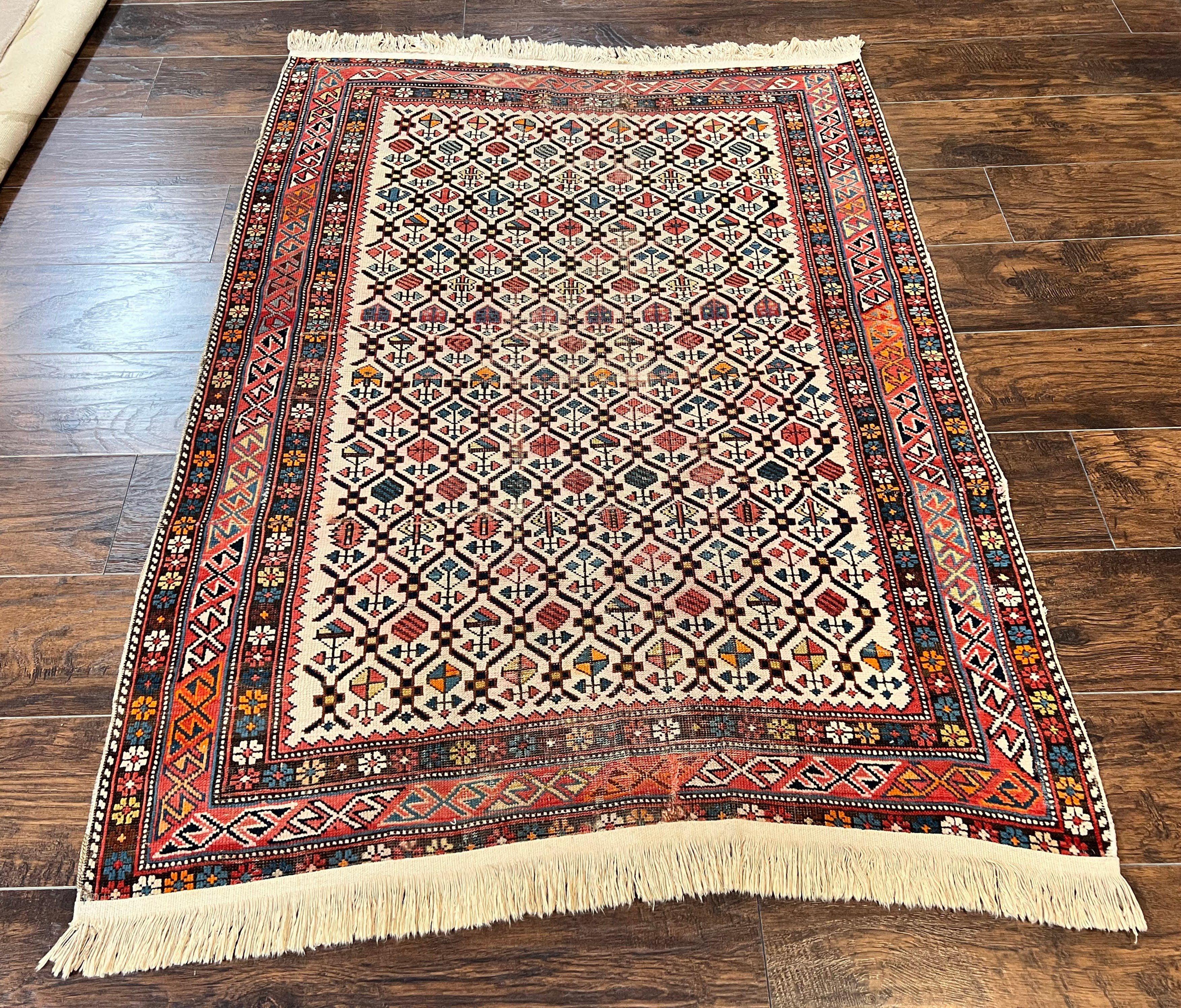 Antique Caucasian Rug 4x5, Hand Knotted Handmade Shirvan Oriental Carpet, Ivory Red Rug Allover Pattern, Rare Wool Rug, Tribal Geometric Rug - Jewel Rugs