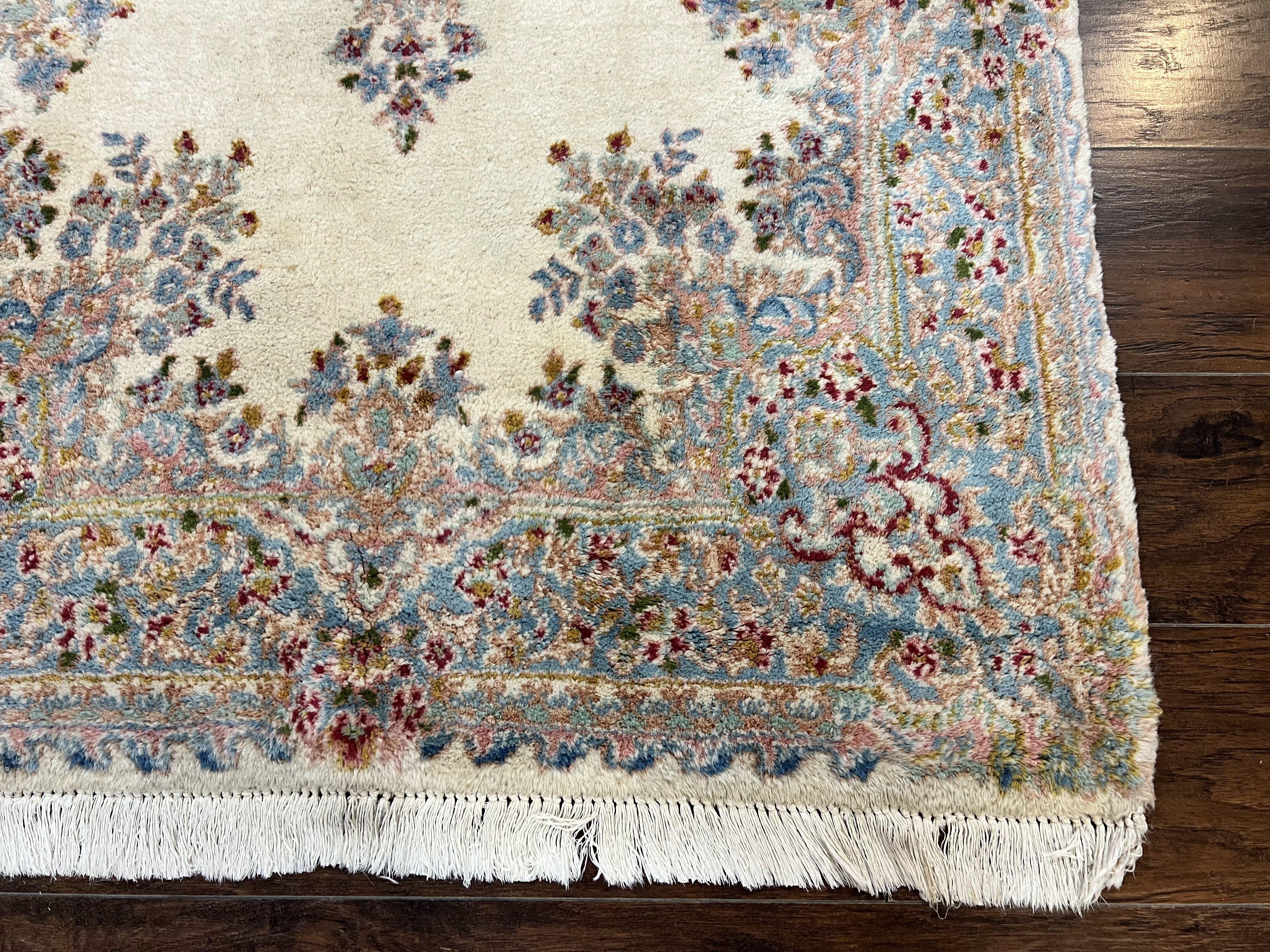 Persian Kirman Rug 4x7, Wool Handmade Vintage Carpet, Cream & Light Blue, Semi Open Field, Traditional Oriental Rug - Jewel Rugs