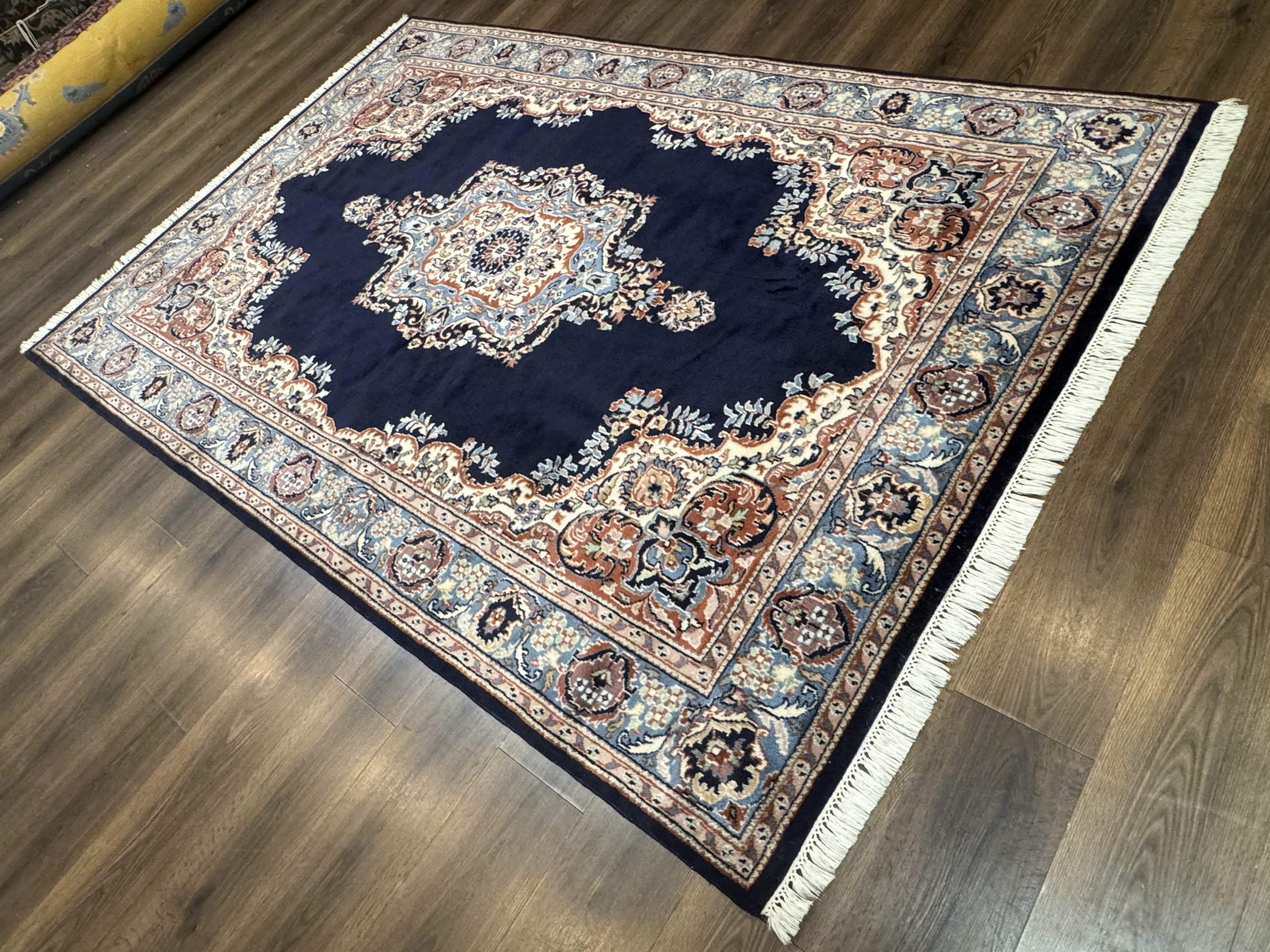 Indo Persian Kerman Rug 6x9 – Navy and Light Blue Hand-Knotted Wool Vintage Carpet - Jewel Rugs