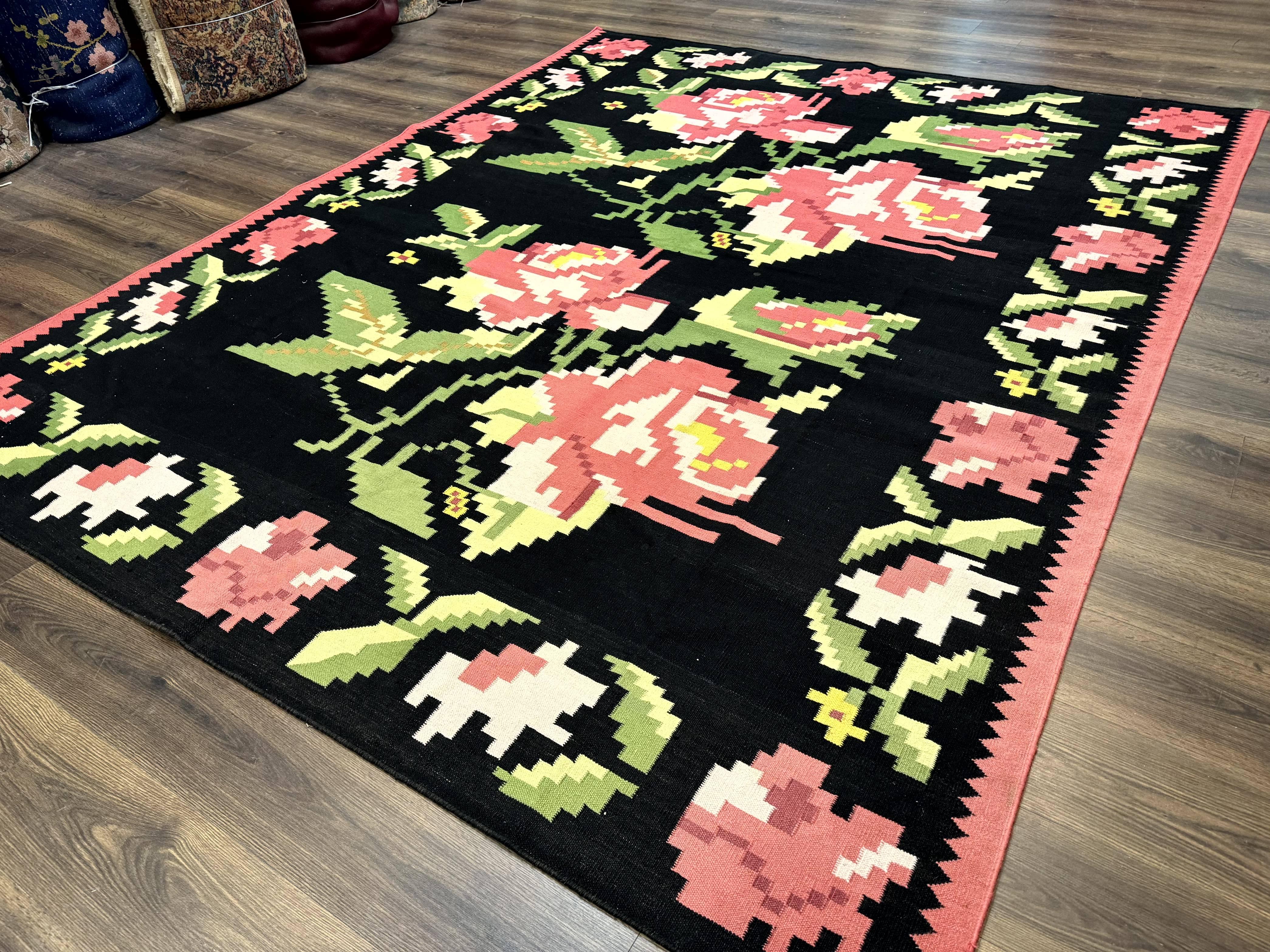 Large Indian Dhurrie Rug 8x10, Black Pink Green, 8 x 10 Kilim Rug, Handmade, Wool, Floral - Jewel Rugs