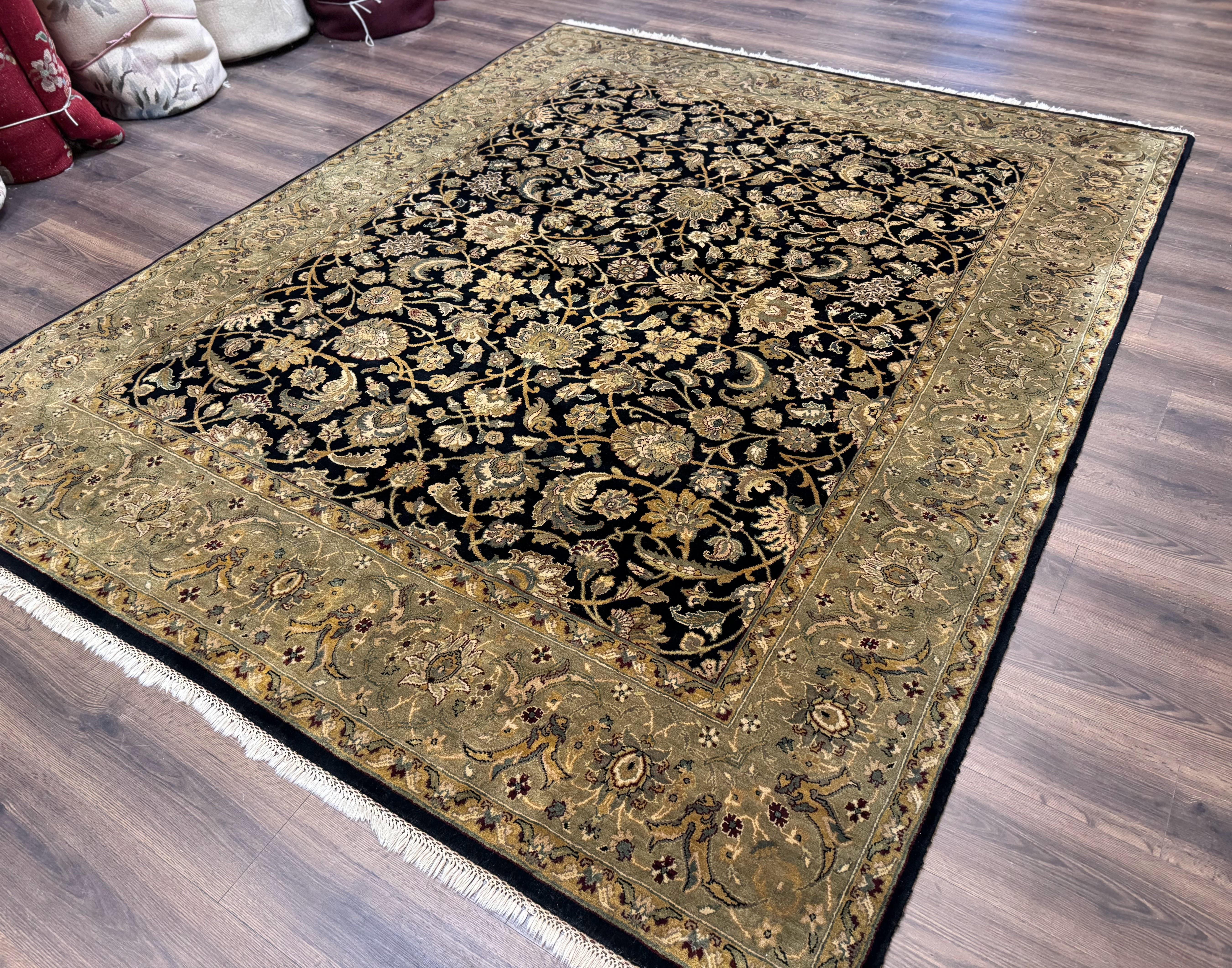 Indo Persian Rug 8x10, Black and Green, Wool, Handmade, Traditional, Floral Allover, Vintage - Jewel Rugs