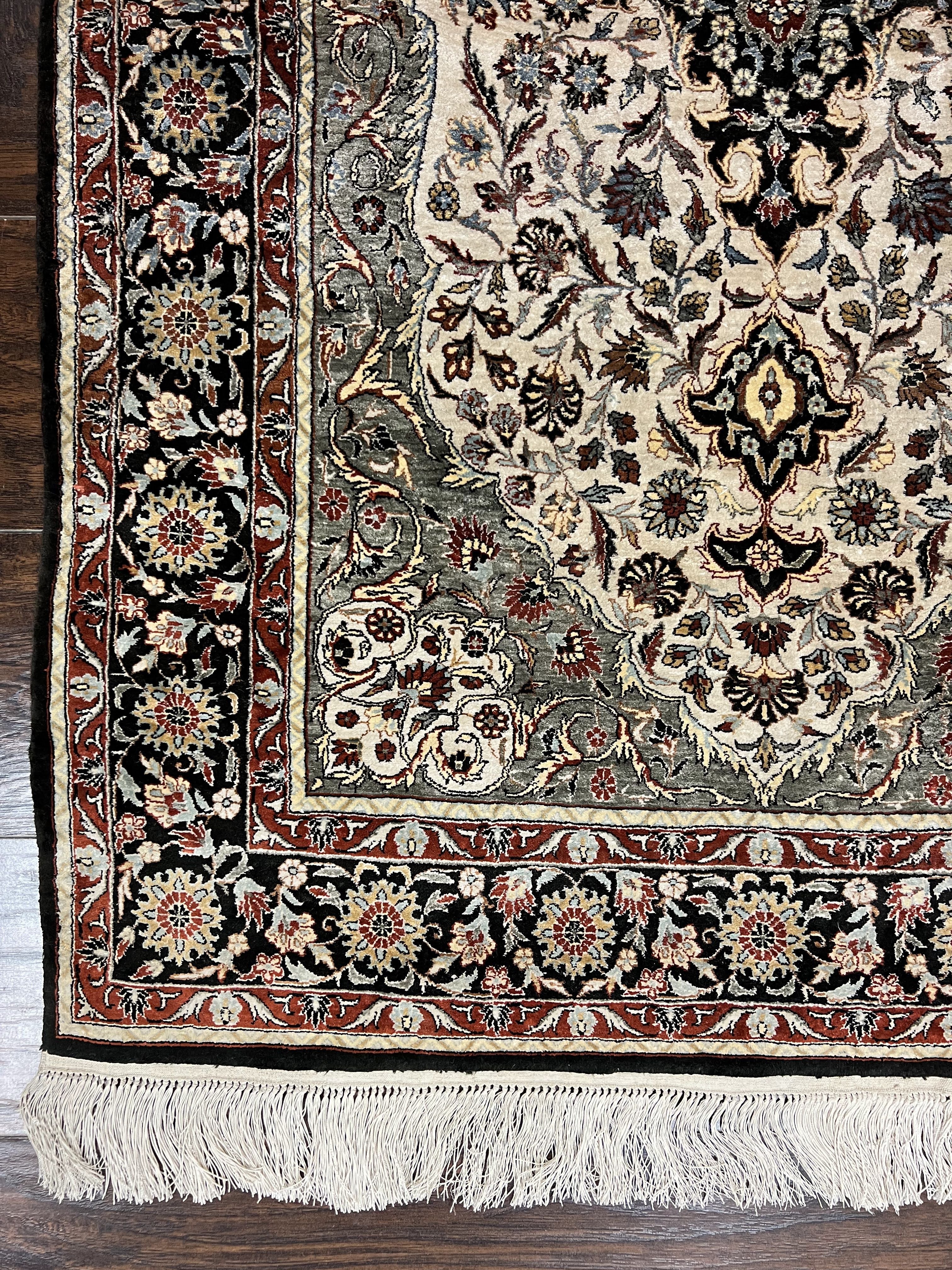 Silk Sino Persian Rug 3x5, Floral Medallion, Hand Knotted Silk Pile Silk Foundation, Traditional Silk Handmade Oriental Carpet, Cream Black - Jewel Rugs