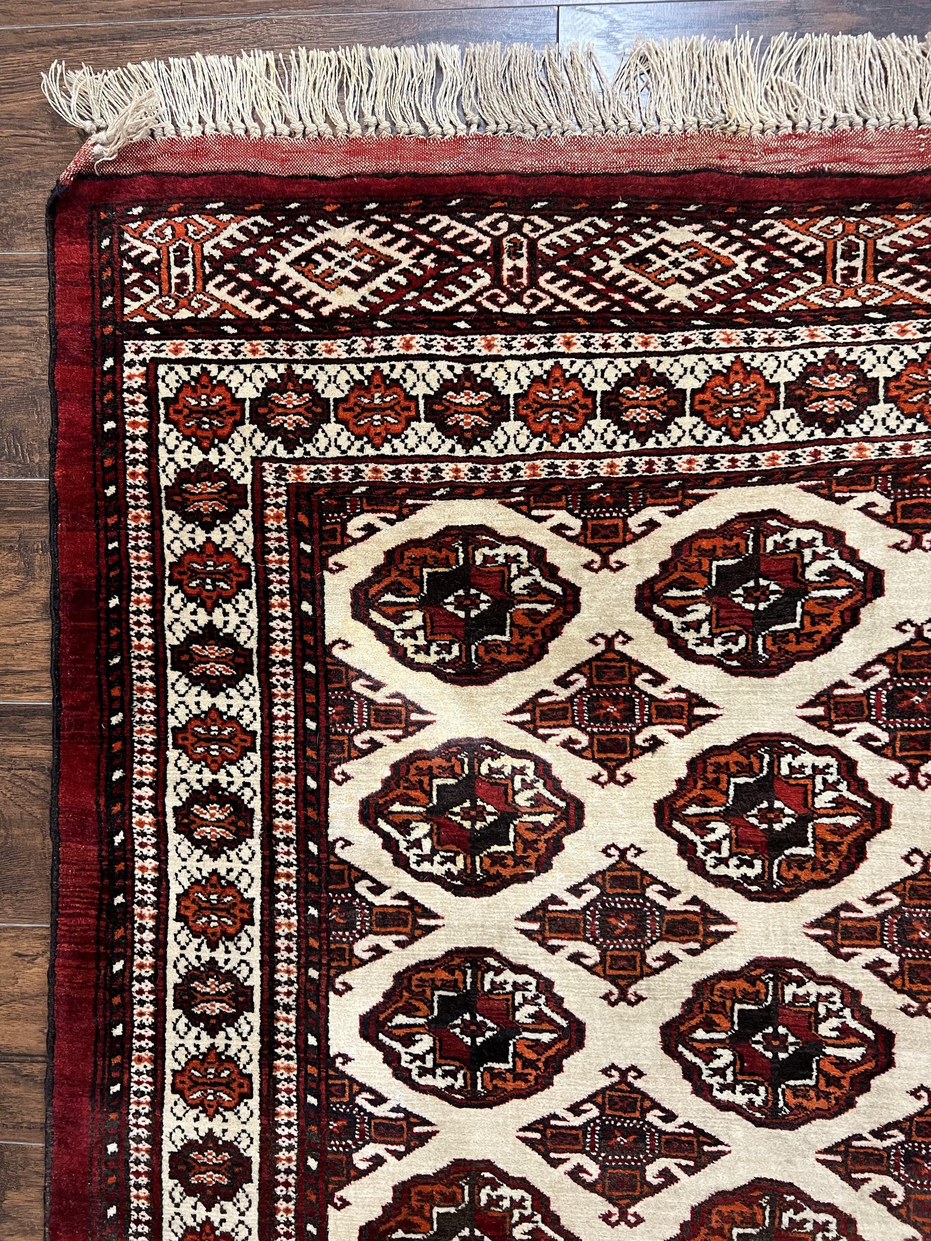 Persian Turkoman Rug 7x8, Almost Square Rare, Hand Knotted, Yamud, Bohemian Rug, Handmade Tribal Rug, Cream Red, Handmade Oriental Carpet - Jewel Rugs