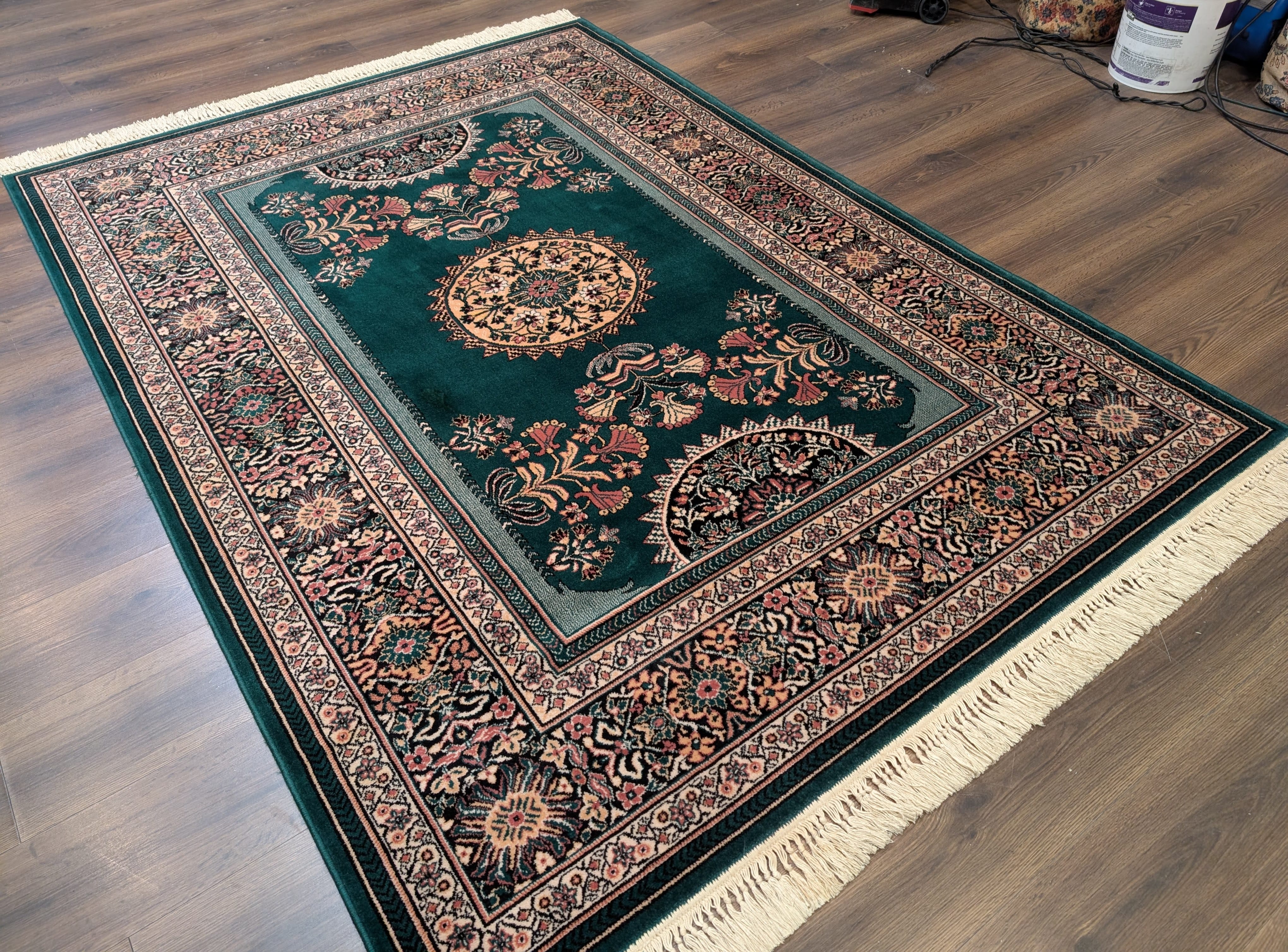 Green Belgium Power Loomed Rug, Vintage Persian Design Wool Carpet - Jewel Rugs
