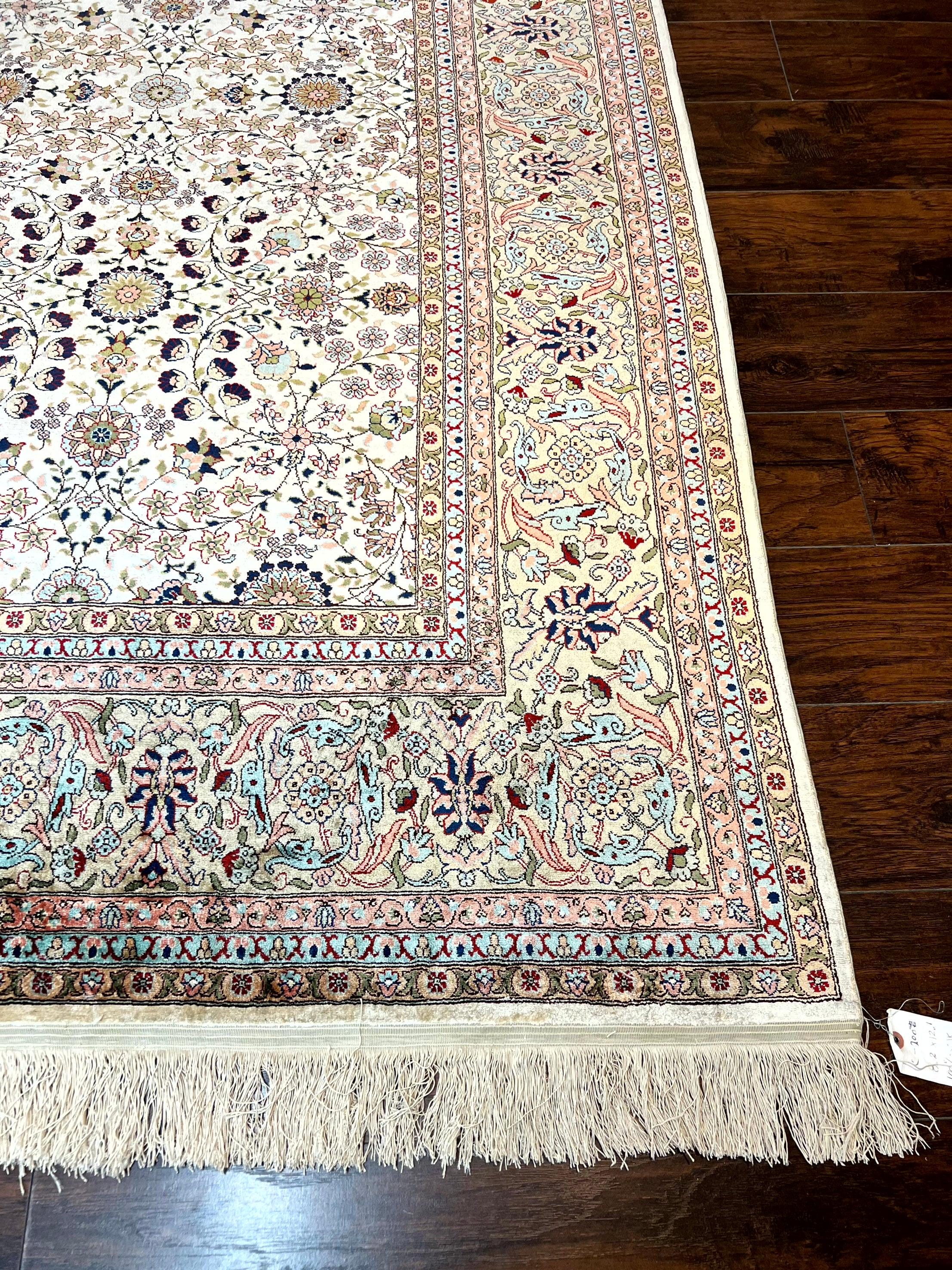 Wonderful Silk Hereke Rug 8x12, Silk Pile on Silk Foundation, Ivory/Cream, Floral Pattern, Handmade, Vintage - Jewel Rugs