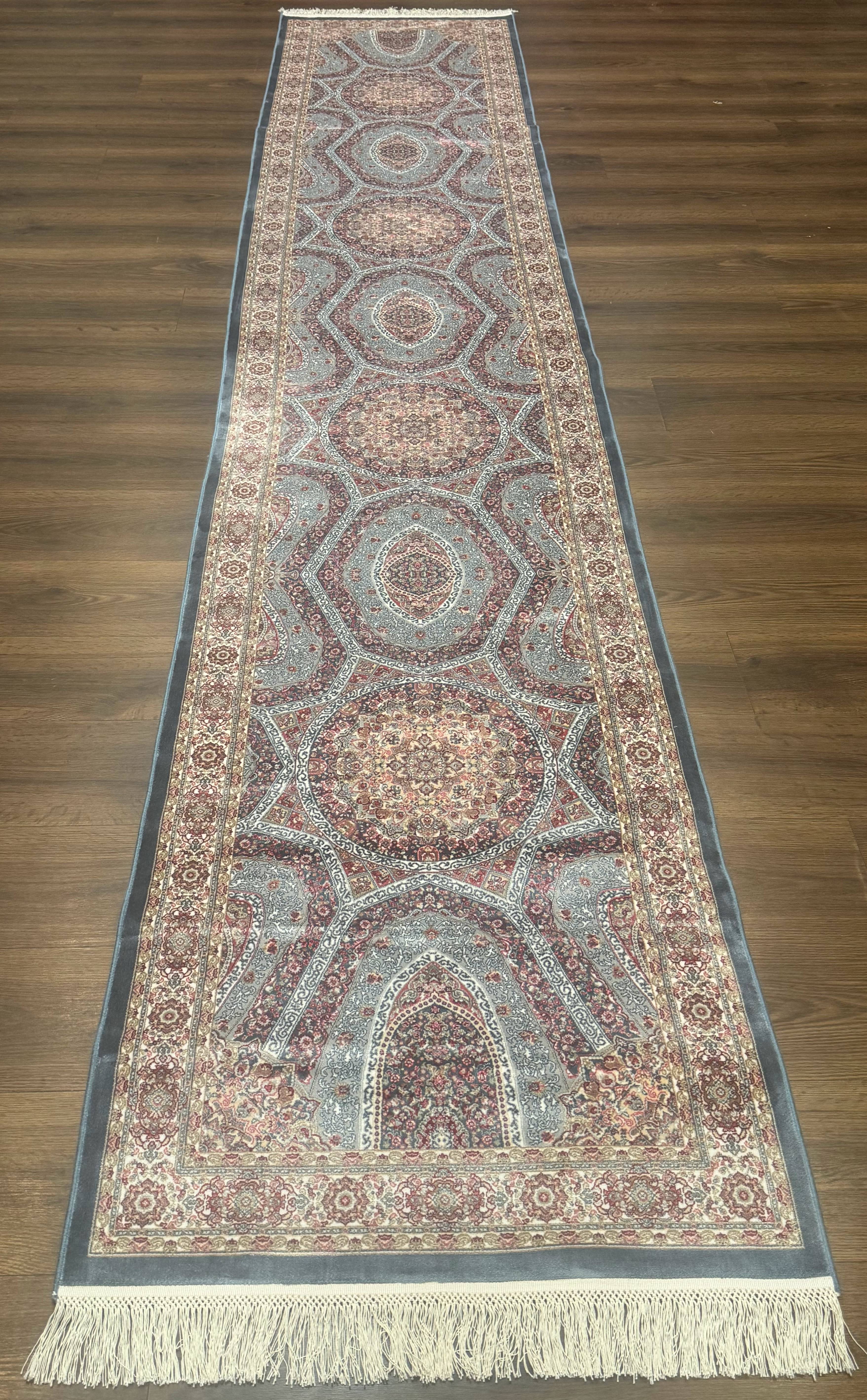 Turkish Silk Runner Rug 2.6 x 13, Blue Runner Rug, Dome Design, Bamboo Silk, New - Jewel Rugs