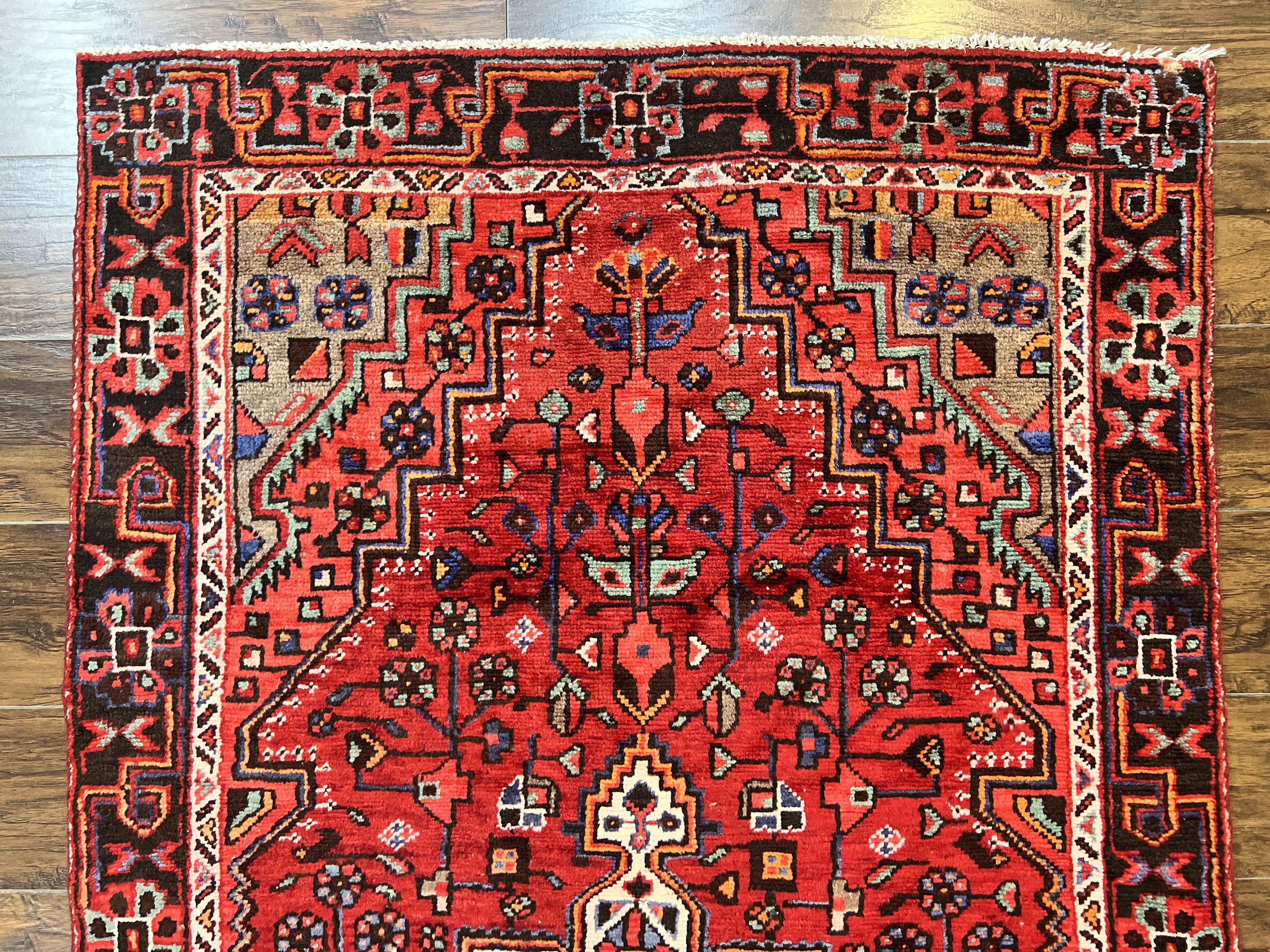 Antique Persian Tribal Rug 4x7, Red, Geometric Medallion, Handmade, Wool, Persian Zanjan Rug - Jewel Rugs