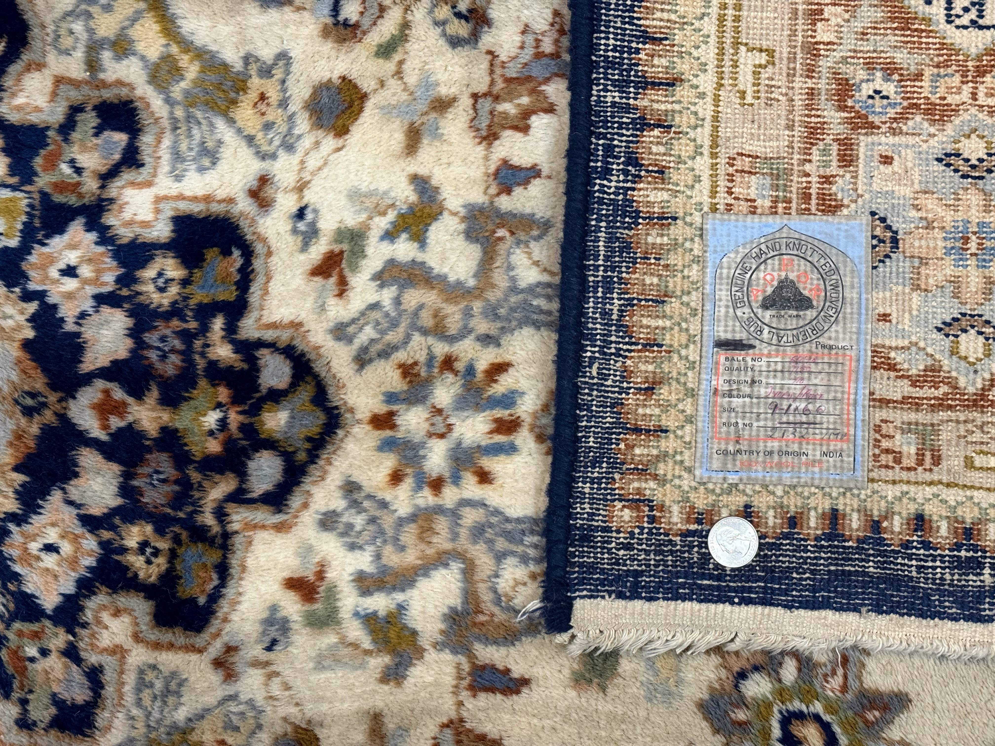 Indo Persian Rug 6x9 – Ivory and Navy, Hunting Design, Wool, Vintage, Poetry in Borders - Jewel Rugs